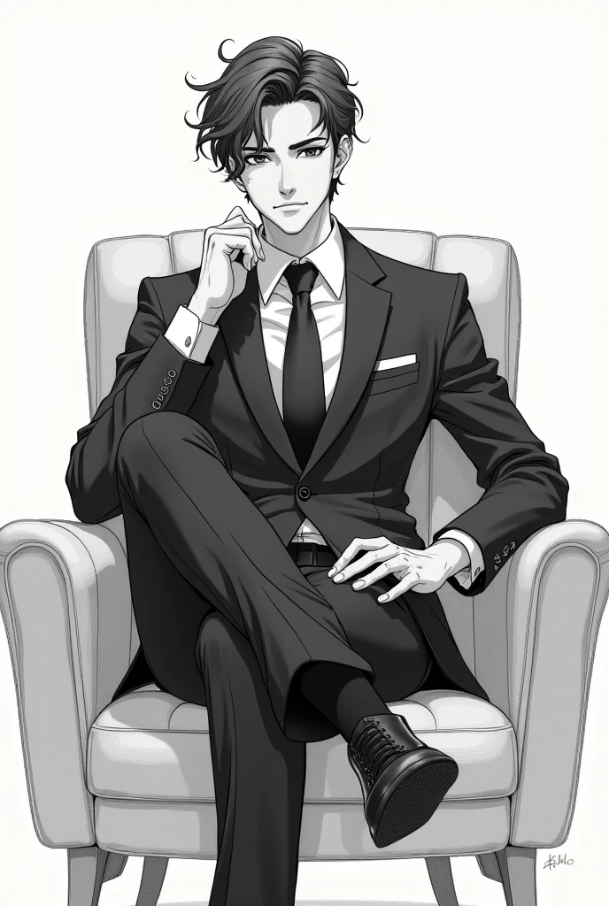 Create the realistic image of a lawyer in a suit sitting cross-legged
To print
And I take the copy, that is, it needs to be sketched, like in pencil.
Get inspired by Harvey Specter
Sitting on the chair
Anime version
Make him younger and with some easier lines for me to draw
