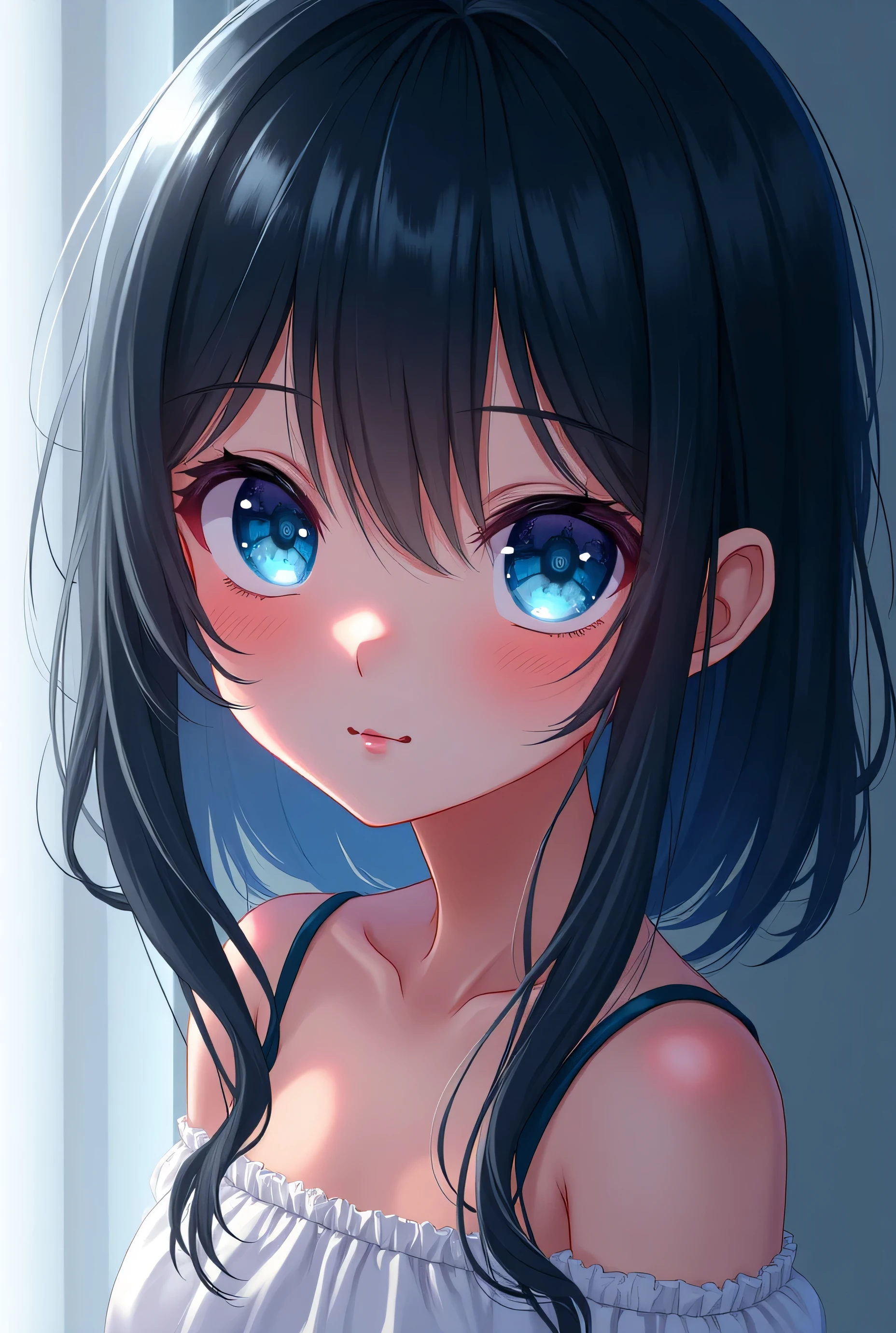 8k quality, best quality, perfect face, 1girl, looking at viewer, black hair, cute, , small , subtle curves, clothes, , , blue eyes, cute eyes, , anime style, girl,