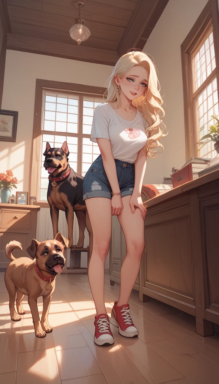 Erotic art, unique masterpiece, professional photo, full-length photo, highest quality, 1 woman, woman sitting on a wide black sofa, legs crossed at the knees, showing sexy thighs, office environment in the background, moderately bright artificial lighting, woman posing in front of camera, woman looking at camera, (wheaten blonde female:1.5), long thick silky rich hair loose on shoulders, elegant small gold earrings, ideal woman face, seductive juicy lips, bright red lips, light blue eyes, thick curved long eyelashes, dressed in a (claret shirt:1.5) made of delicate silk, (black tulle skirt:1.3) of medium length, button-down shirt with (lace collar), navel, light abs, perfect female figure, big (massive boobs), sexy body, slim narrow waist, long slim legs, red stiletto heels, photorealism, saturated colors, balanced colors, focused sharpness, 16k, highly gradient colors