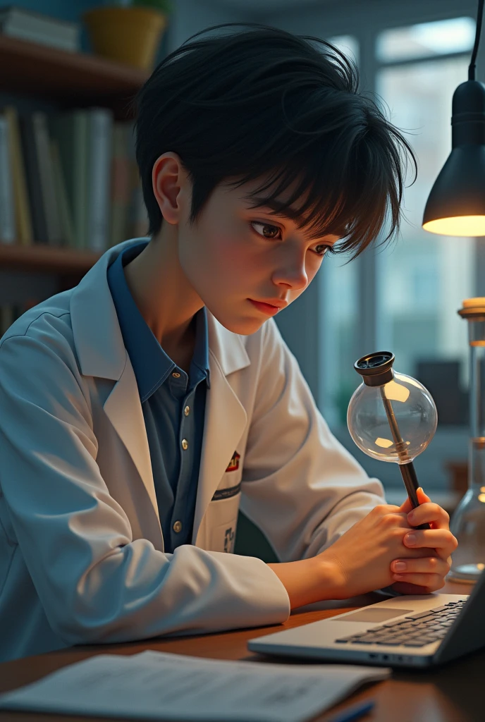 Child consulting a teddy bear with a lab coat and a doctor's stescope