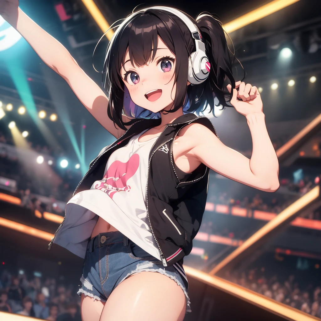 girl, long black hair, light brown skin, brown eyes, (headset with mic), white jacket with hood and purple underside, light purple, black cami top, denim shorts, smiling, performing on stage