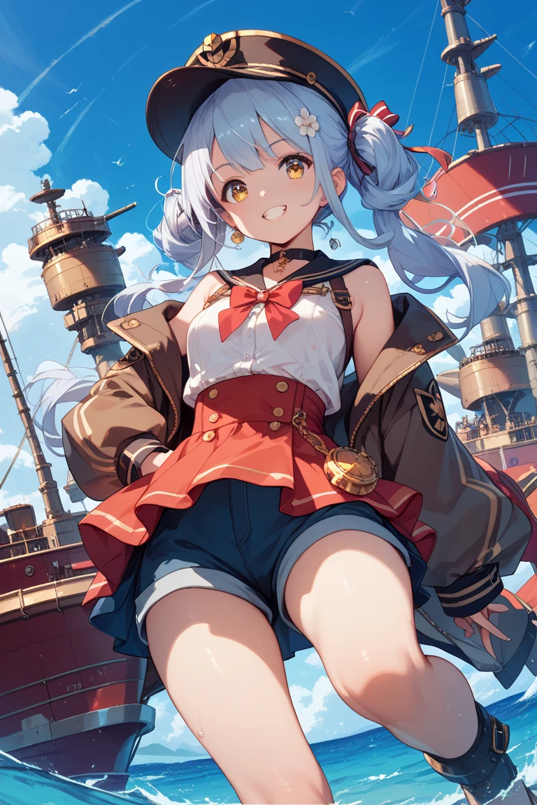 red ahoge,masterpiece, 9 years old girl,alone,longht blue hair,off shoulder:1.2, black captain hat,pirate ship,put your hands on your hips,naked pussy tits naked nipples smiling smug、brat,spread your legs,Red pattern,Man juice dripping,Red short skirt shows pussy,Standing picture,black stockings,hearts in the eyes