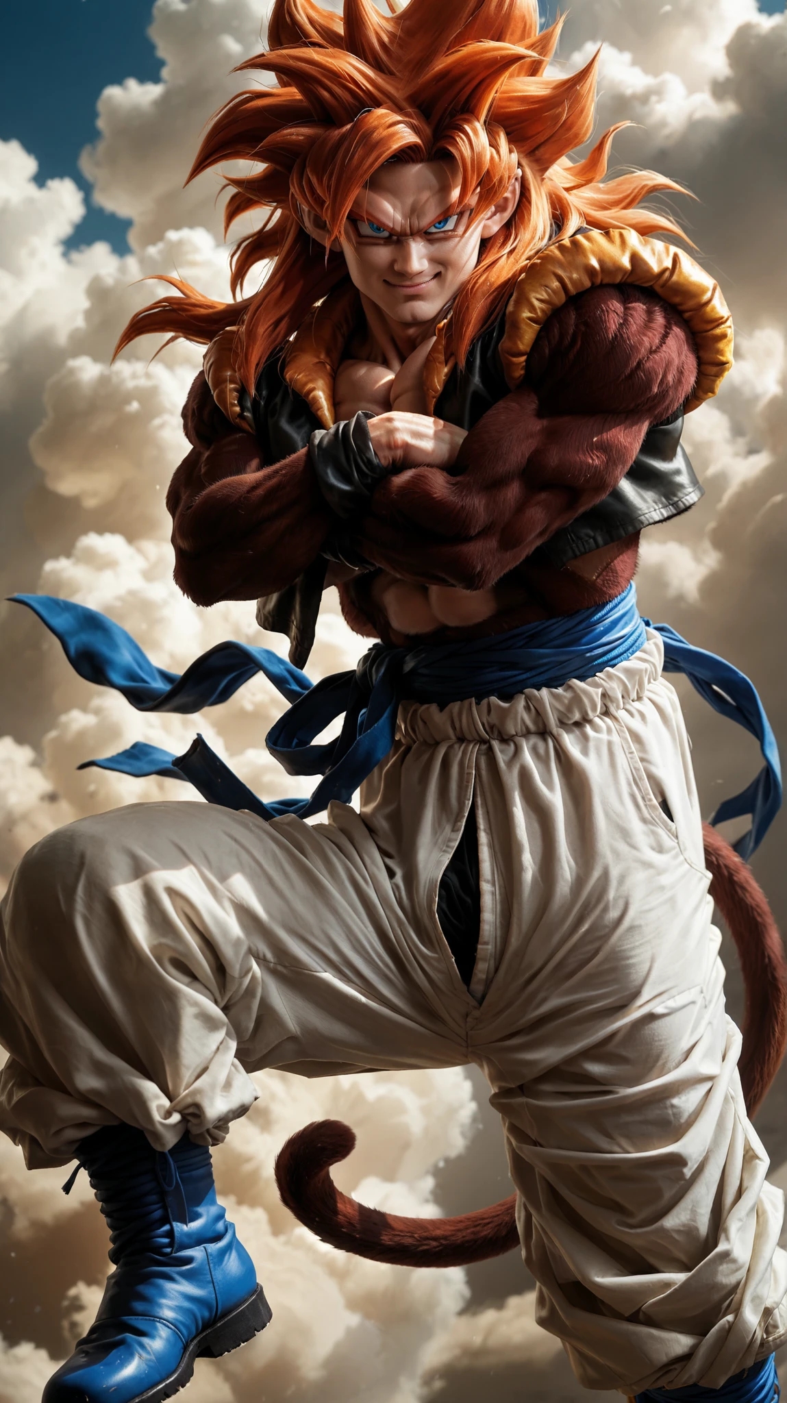 Ssj4 gojeta ,character with a muscular build, featuring spiky orange hair and a confident expression. The character has maroom fur skin and is wearing a black top with a yellow fur-like collar. The outfit includes white baggy pants tied with a blue sash, and blue boots. A prominent feature is the long, brown tail extending from the back. He is flying above the clouds, he is with arms crossed