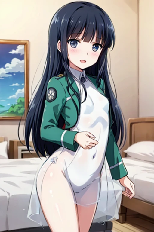Miyuki, 1girl in, Solo, long_hair, Naughty big、large full breasts、Smile, Bangs, Blue_Eyes, Black_hair, hair_ornament detached, long_sleeves, School_uniform, hair_bow ribbon, blunt_Bangs, white_Dress, own_Hands_Together, Black_neck tie, で_missiles, Yuki, Snowflake_hair_ornament detached、from the front side、Look at viewers、(Skirt lift:1.3), (White panty:1.3)、(Skirt that rolls up:1.3)、(Fully exposed panties:1.5)、red blush、embarrassed from