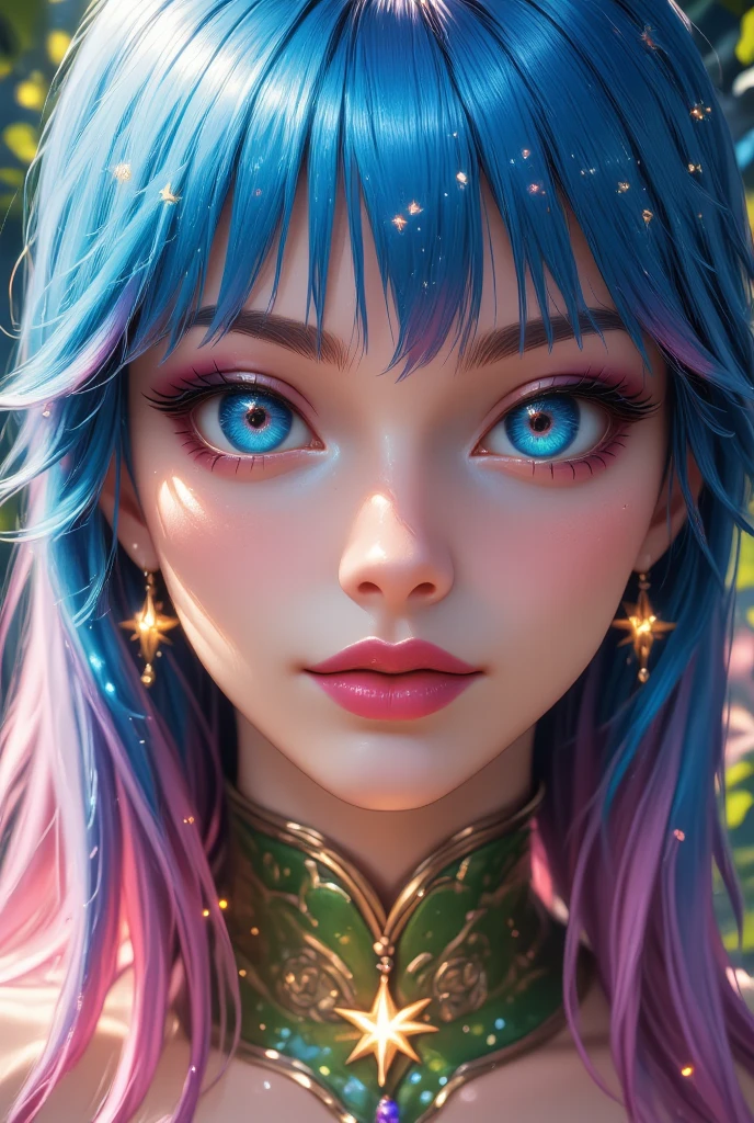Young, beautiful woman, around 20 years old , long blue and pink hair that falls over the shoulders, side fringe, light skin that shines in sunlight, appearing to contain star fragments, hair shiny like starlight, blue eyes with gold background and sparkles, green dress with glitter, corset marking the waist, necklace with star pendant around the neck, PINK LIPS, extremely beautiful, a masterpiece. shiny, shiny colorSolo, high resolution, thighs,