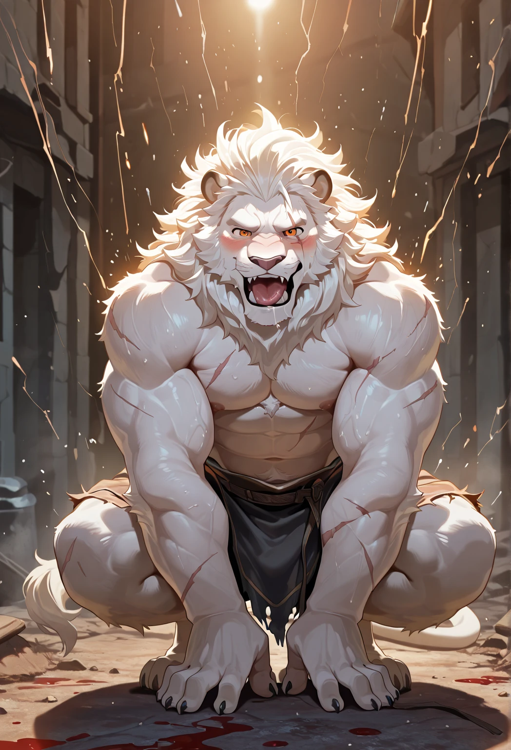 nj5furry, (albino lion, massive, huge), albino lion, ((extremely realistic shadows, masterpiece, extremely detailed, photorealistic)), kemono, lion, blue eyes, ((detailed eyes)) luminescence in his eyes, white fur, white skin, white hair, white mane, wears a tiny sky blue thong revealing huge muscular thighs; mountain forest, night, moon rays, moon, stars, nebulae, Height 2 meters high, the optimal height, tight clothing, body full of muscles; muscle pecs, ripped abs, V-shaped body, thick waist, long legs, strong arms manly, handsome face, attractive cool calm face type with a cold smile, topless.