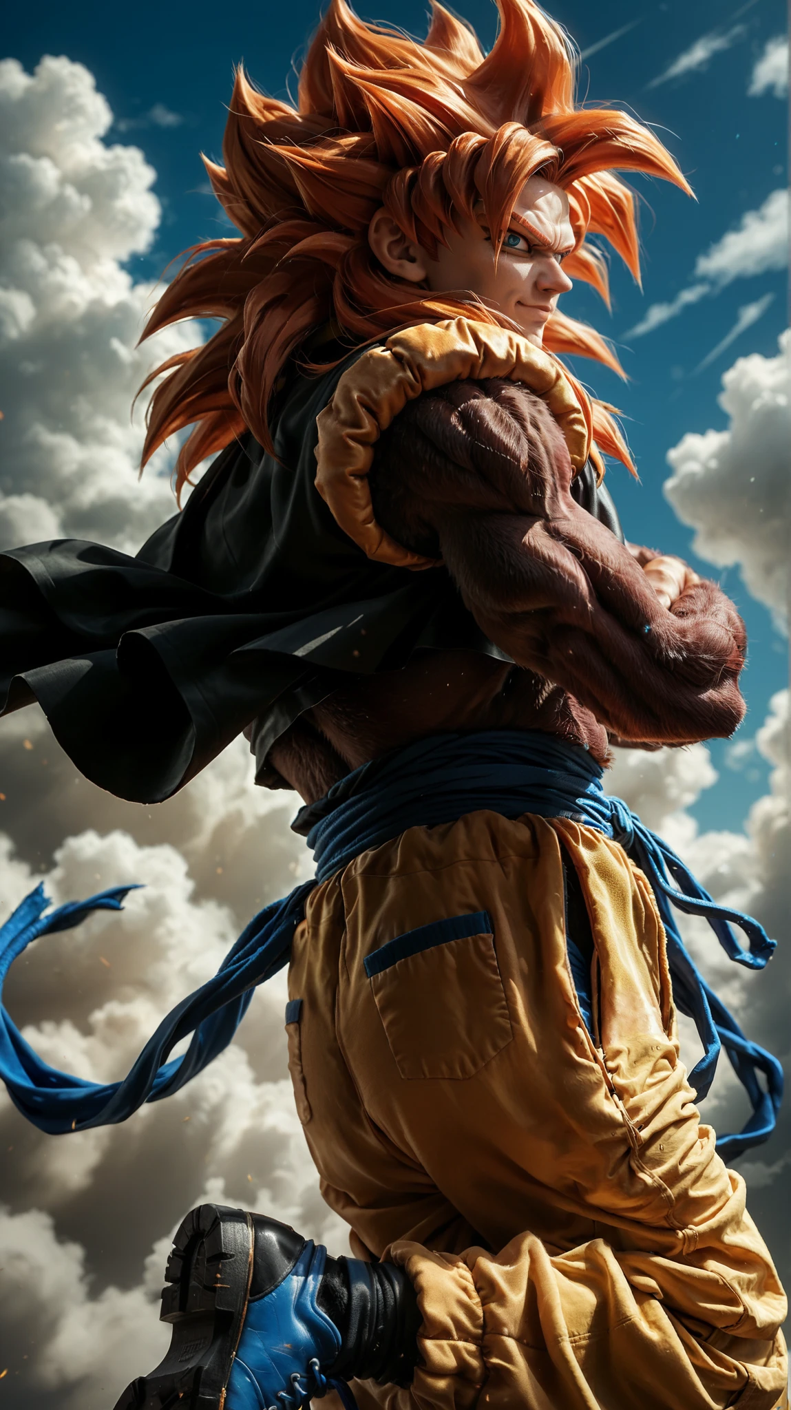 Ssj4 gojeta ,character with a muscular build, featuring spiky orange hair and a confident expression. The character has maroom fur skin and is wearing a black top with a yellow fur-like collar. The outfit includes white baggy pants tied with a blue sash, and blue boots. A prominent feature is the long, brown tail extending from the back. He is flying above the clouds, he is with arms crossed, blue sky