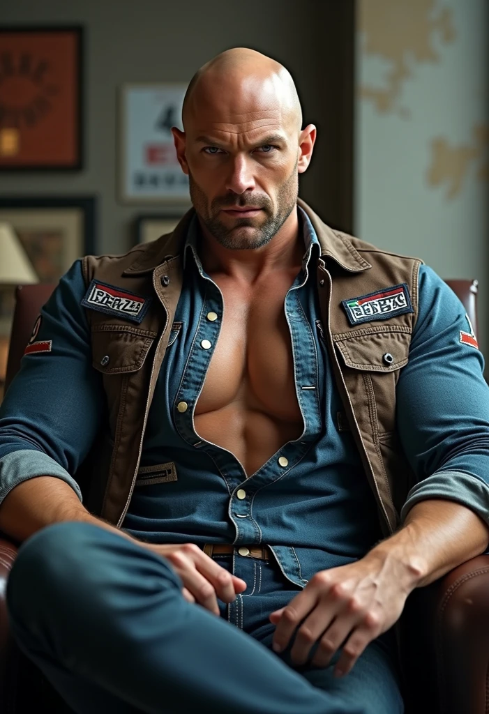Body builder bald white men wearing unbuttoned pink double pocket check shirt and black leather jacket with logos on sofa with girl
