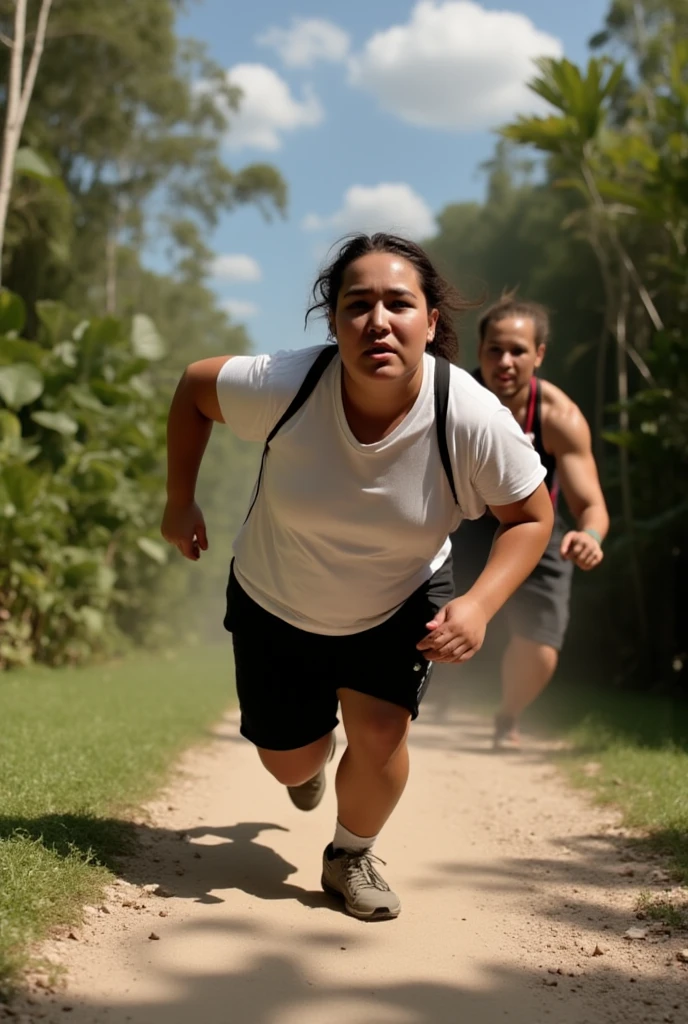 Two girls running,one thick pale skinned girl in white microminiskirt.one thin dark skinned girl in loose jeans