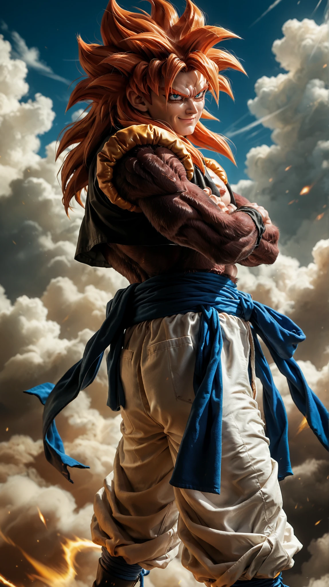 Ssj4 gojeta ,character with a muscular build, featuring spiky orange hair and a confident expression. The character has maroom fur skin and is wearing a black top with a yellow fur-like collar. The outfit includes white baggy pants tied with a blue sash, and black boots. A prominent feature is the long, brown tail extending from the back. He is flying above the clouds, he is with arms crossed, blue sky