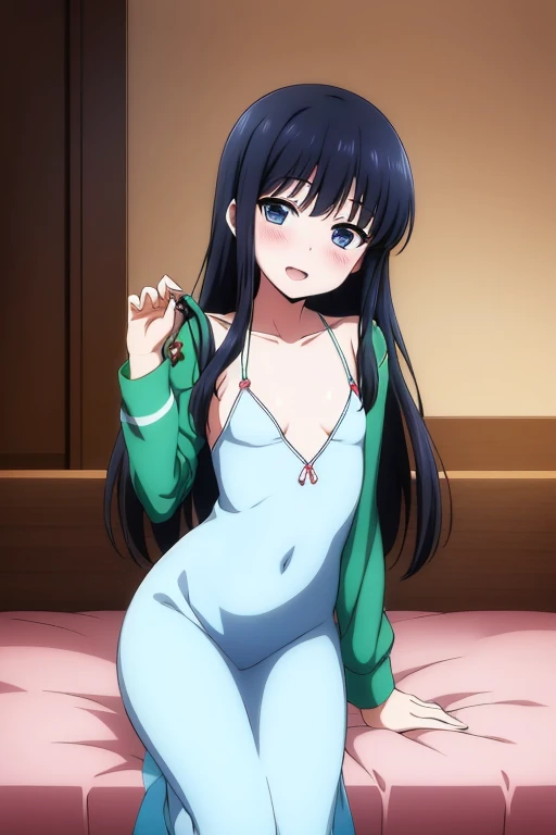 ((muste piece)), ((best quality)), (Super detailed), anime style etc.,peeing on the bed, pretty girl, 1 girl, solo, ((beautiful eyes)), shy smile,pajama00, ((open chest)), ((cute nipples))