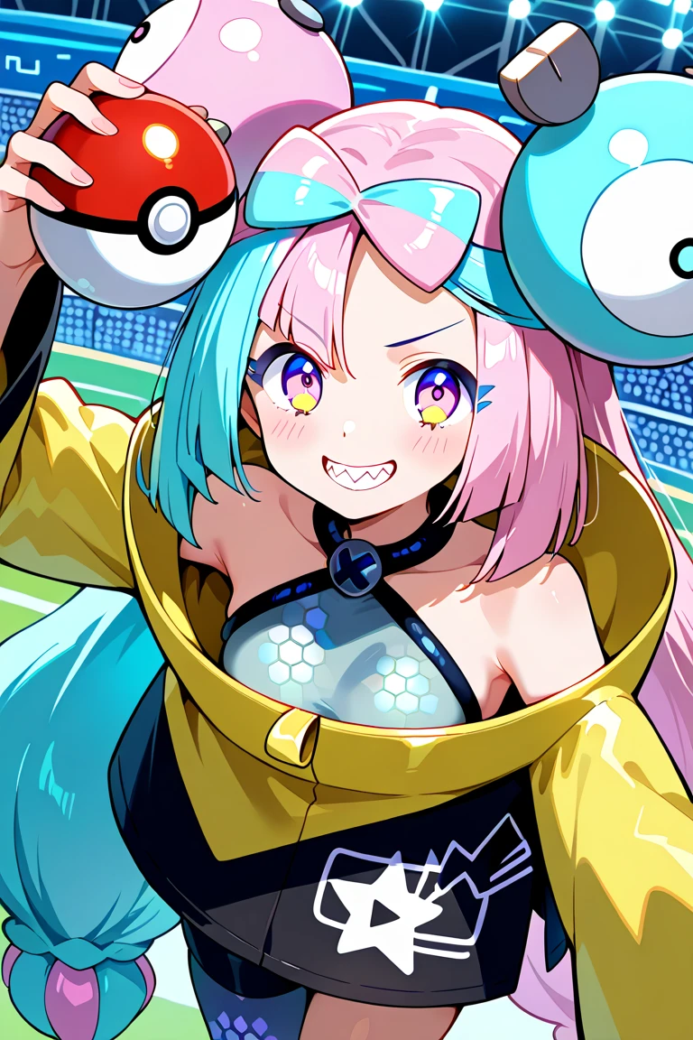 pokemon iono, blue hair, bow-shaped hair, character hair ornament, hair ornament, long hair, low-tied long hair, multicolored hair, pink hair, sharp teeth, split-color hair, twintails, two-tone hair, pink eyes,pokemon stadiumholding poke ball,looking at viewer,smile、at viewer,pokemon stadium、lots of spectators