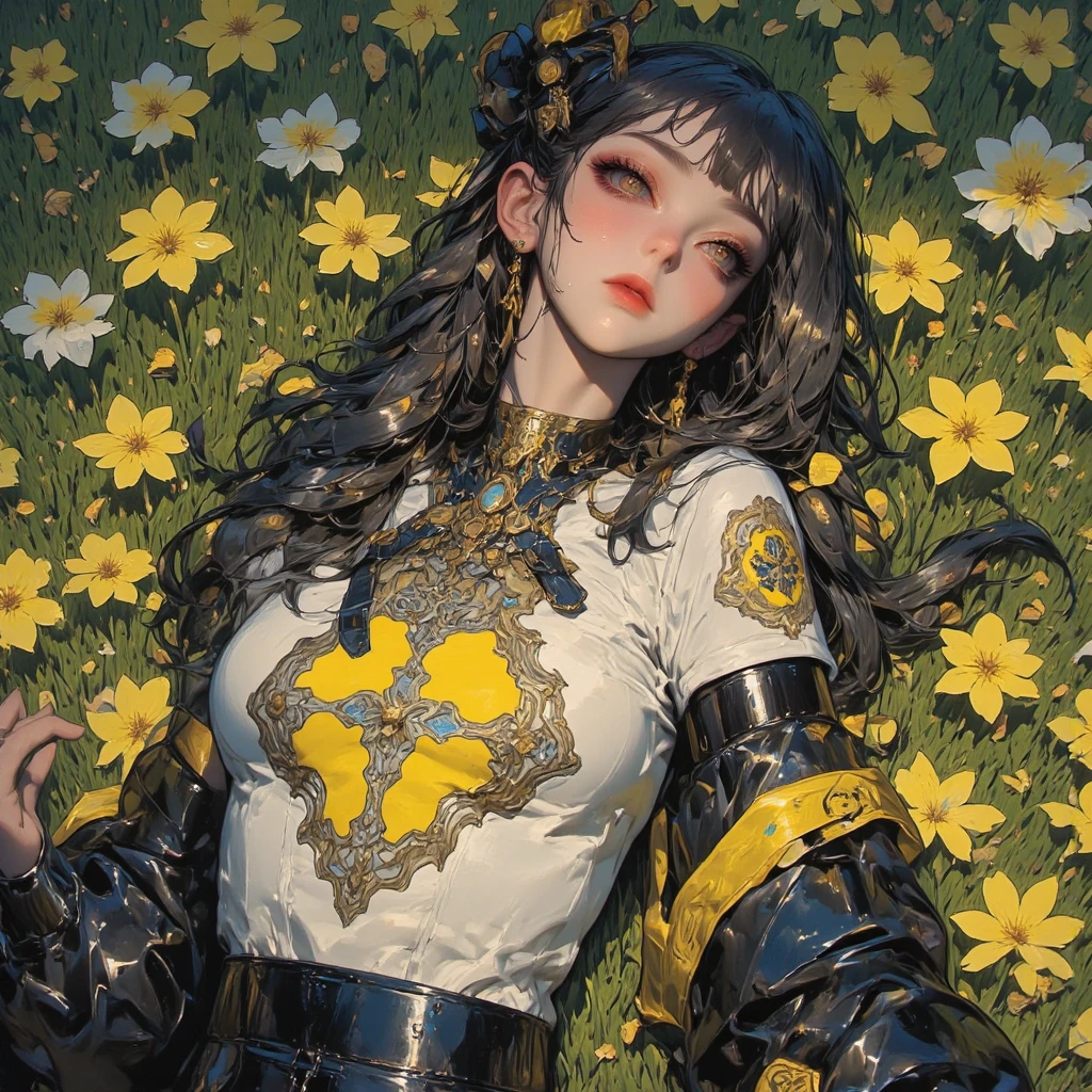 Huge fashion Japanese magazine headline on front page, beuty girl in ornate dress tattoos, neon glow around hair, neon jungle, bright white chrysanthemum flower time + black + gold + highly detailed, ultra realistic, unreal mechanism 5, realistic cgi, 32k --auto --s2