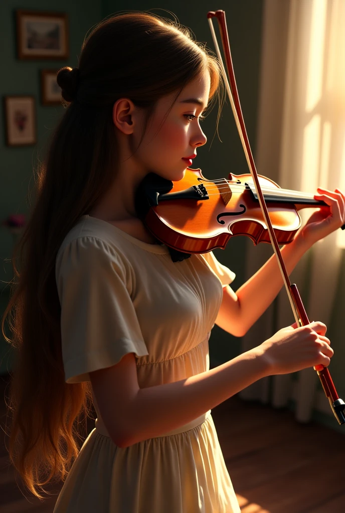 a girl holding a violin, oil painting, detailed strokes, soft and vibrant colors, dimly lit room with sunlight streaming through a window, elegant posture and focused expression, beautifully textured wooden details of the violin, crimson dress flowing and draped, warm and nostalgic atmosphere, vintage music stand holding sheet music, subtle hints of musical notes floating in the air, masterfully painted facial features with bright eyes and rosy lips, long flowing hair adding movement and grace, rich background contrasting with vibrant colors, exuding tranquility and passion, reflecting the girl's love for music.