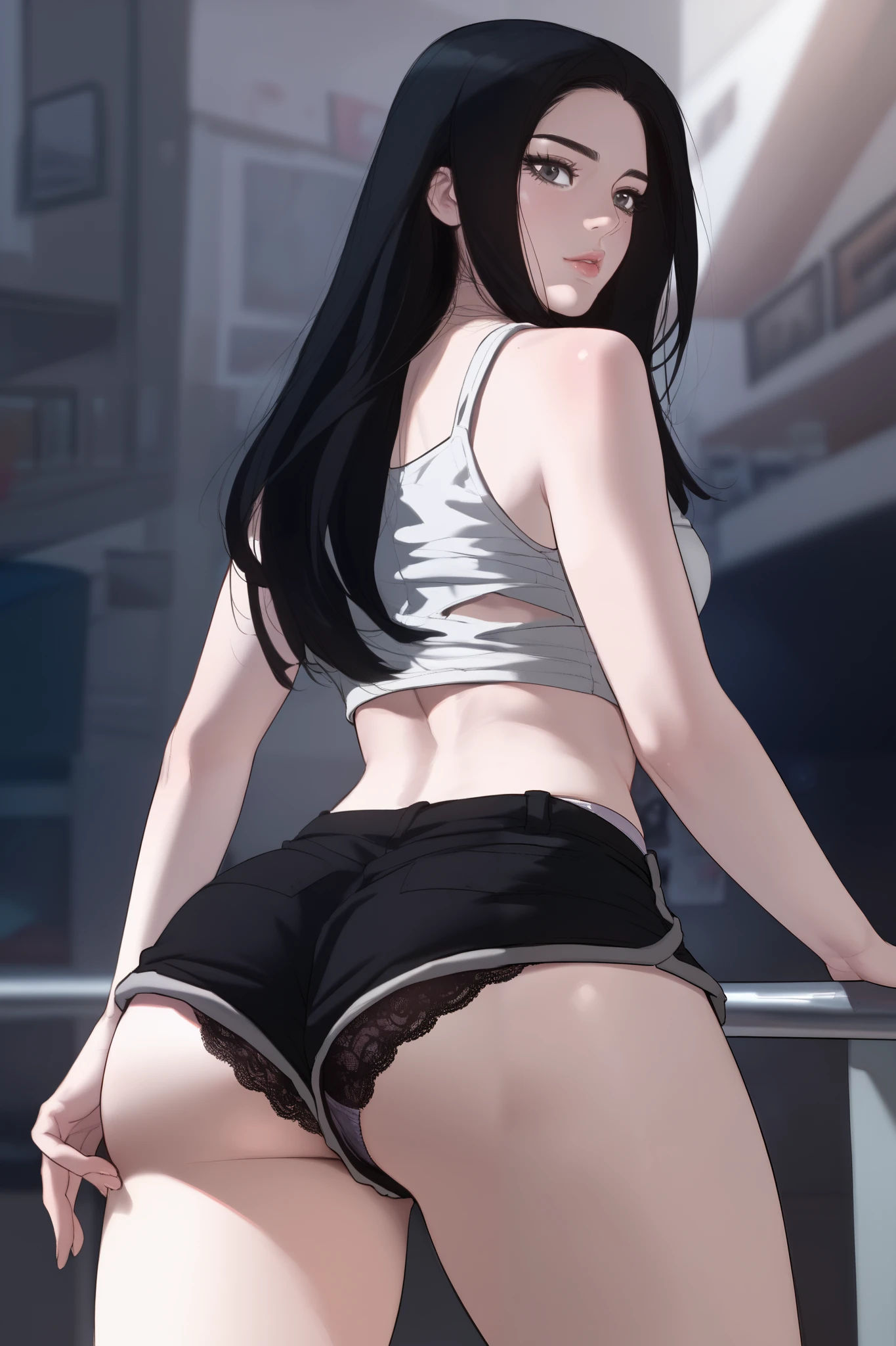 (NSFW), 1girl, Solo, , 7headed body, (cute  face), (Ideal ratio body proportions), (hmjy1, long hair, blunt bangs:1.2), big breasts, slender, Dark hair, wearing glasses, School Grounds, Dark blue leggings, ((Old gym clothes for Japan)), Looks Back, (((Point your butt at the camera))), (((emphasis on the buttocks))), ((((The panty line is protruding)))), Wet, Clothes are see-through, Smiling smile, de pele branca, beauty legs, Small buttocks, Skinny Legs, surrealism, Cinematic lighting, depth of fields, One-person viewpoint, F/1.8, 135 mm, masterpiece, Anatomically correct, Textured skin, Super Detail, high details, High quality, Best Quality, high resolution, 8K