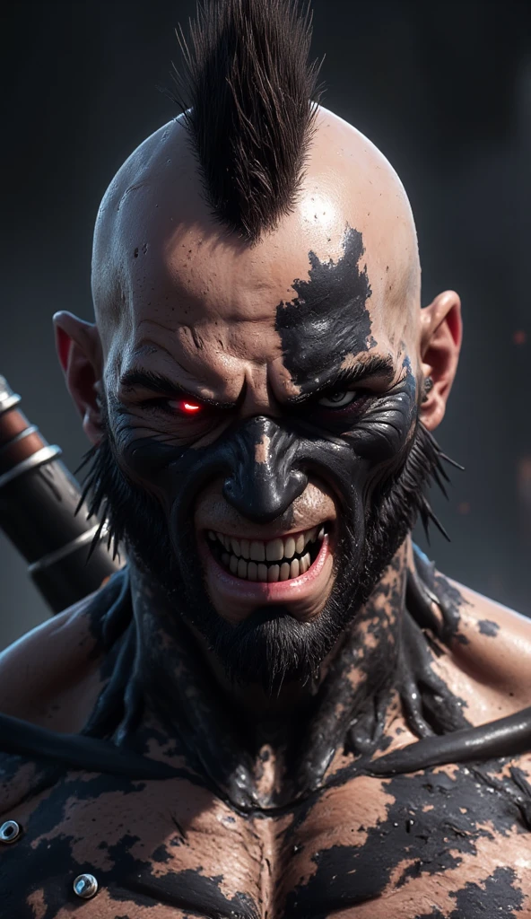 A 1 teenage orc with gray skin, short black hair, red eyes and two fangs in his jaw, beardless, with a piercing in his eyebrow and tattoos on his arms, 175 cm tall.
