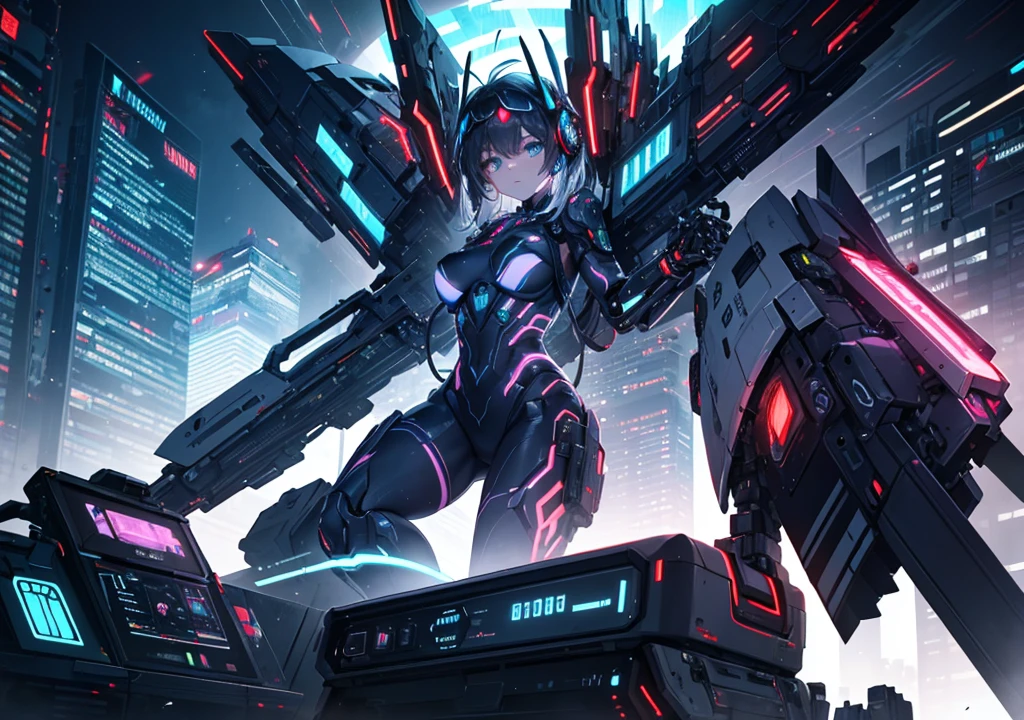 [top-quality　​masterpiece] cyberpunked　street　There is a mecha woman in a neon colored city　The head is human　Robo-shaped wings grow　valkyrie　Floating　Lobo　The face is a beautiful human face