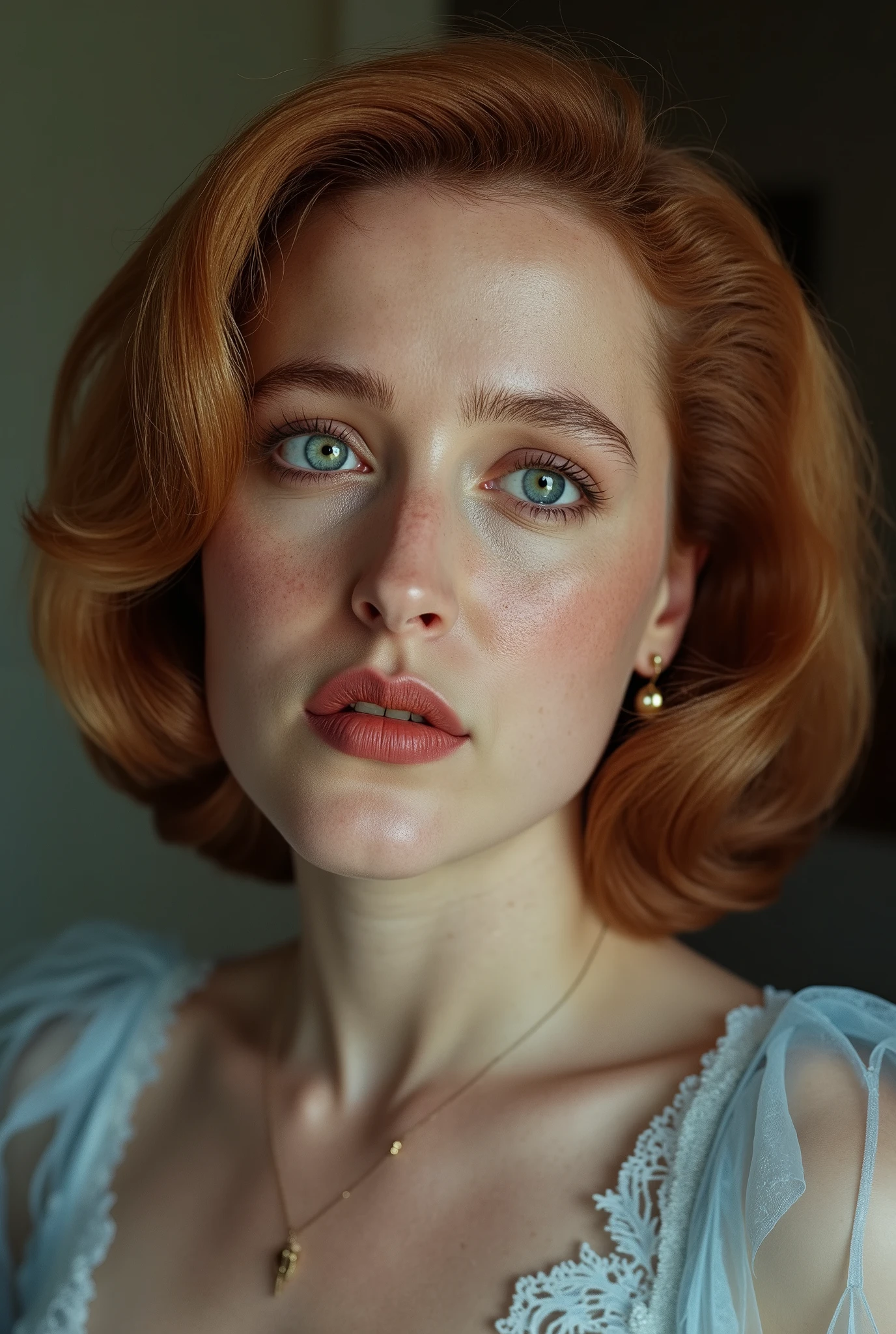 a hyper-realistic photo of Gillian Anderson as Dana Scully, featuring a beautifully detailed face with captivating eyes and a serene expression, The image showcases her natural beauty, focusing on her flawless skin and delicate features, (pale skin, detailed skin, detaled face), (red hair), (sexy makeup, eyeliner, long eyelashes), (small breasts), (wearing light-blue very thin seethrough nightgown, her body is visible through the highgown, light-blue thin platform high heels, beautiful golden earrings), (orgasm with her mouth slightly open, orgasm expression of pleasure or ecstasy, orgasm), full body