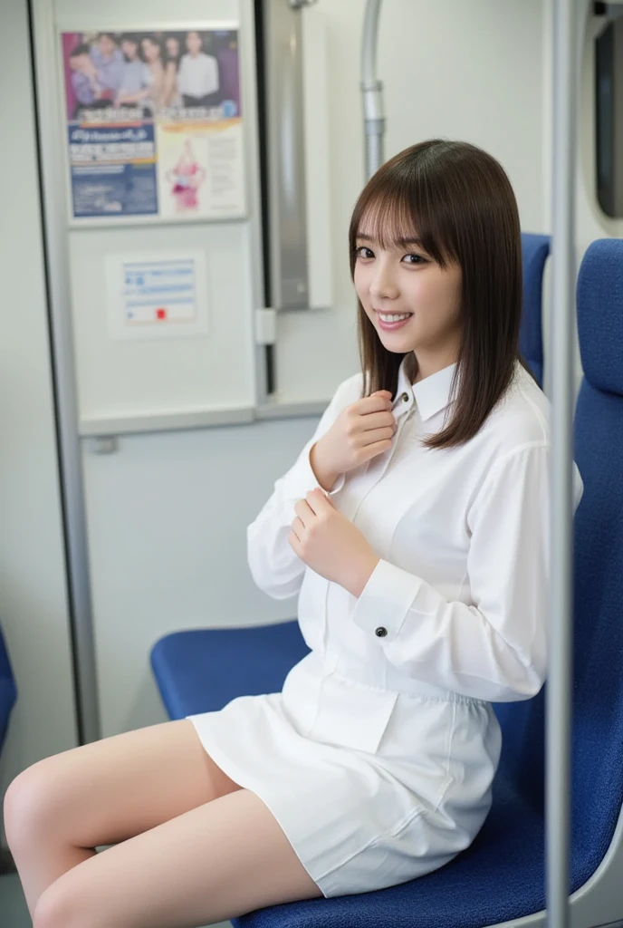 Top Quality, Masterpiece, 8K, Ultra High Definition, (Photorealistic: 1.4), 1 Girl, Skinny Japanese lady, Beautiful Face, Symmetrical Eyes, small breasts, thin waist, Perfect Body Proportions, Stewardess Uniform, Viewer's Look, (Inside the spaceship: 1.2), Front View, Shoulder Jump, Absolute Area (1.3),