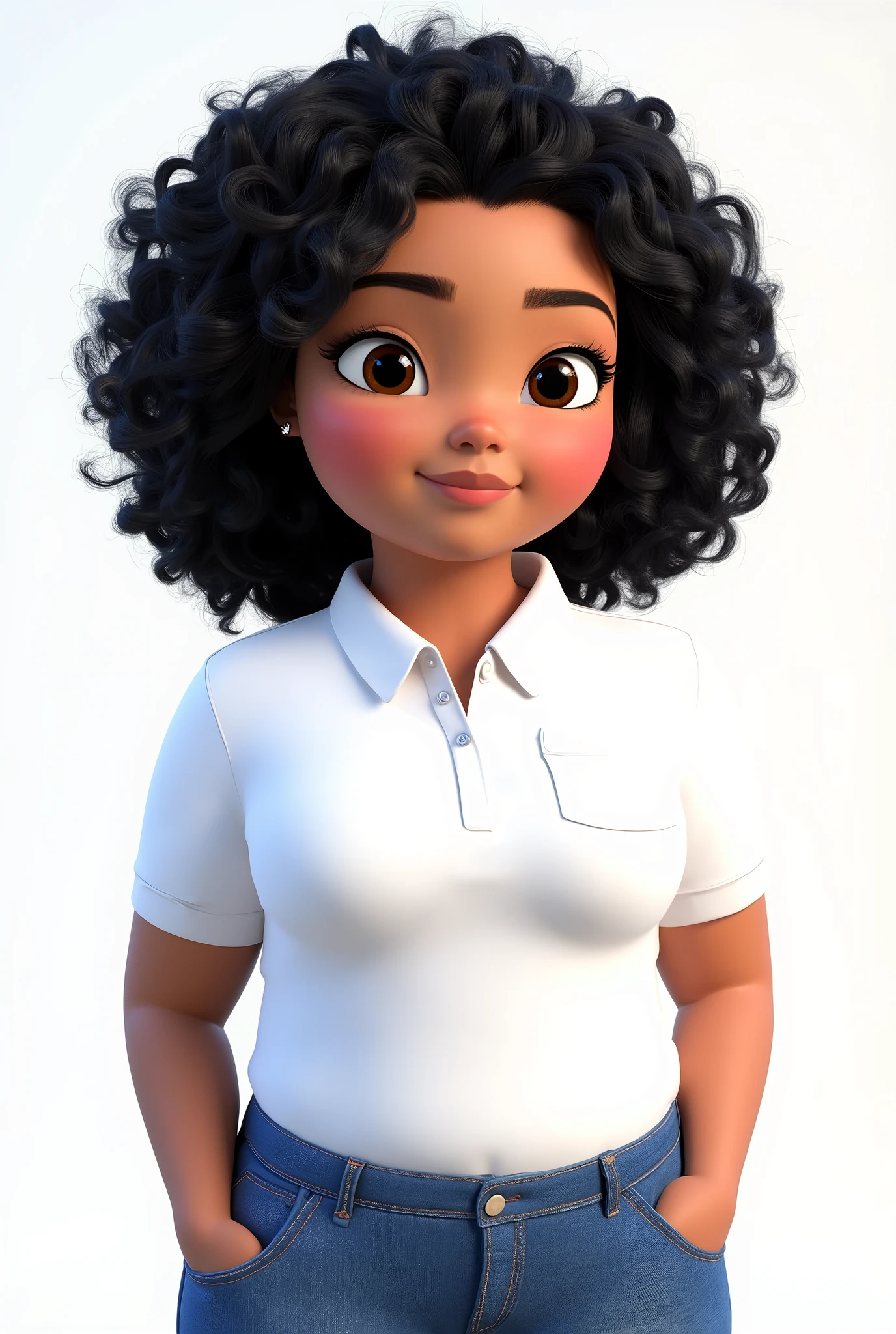A woman of approximately 18 years old, weighing approximately 100 kg, with white skin and curly black hair, brown eyes, dressed in a white polo collar with a pocket without details on the chest, with her hands in her pockets, Pixar style, 8k image