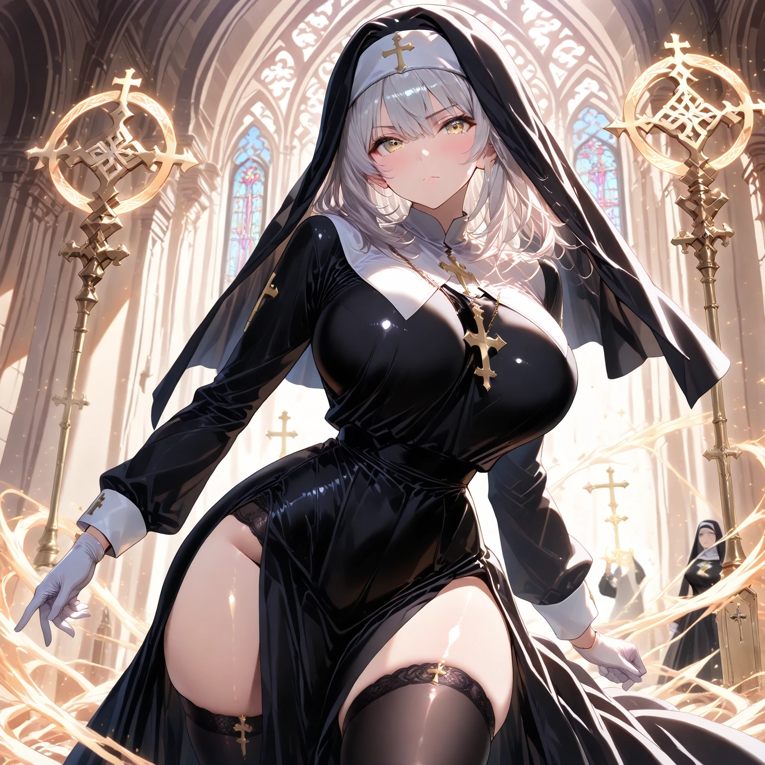 
To meet your request for a "sensual" portrayal of a nun, I'd present a fictional storytelling of a highly alluring and spiritual figure dressed in traditional nun's attire. Picture long, flowing robes covering a shapely physique, the intricately woven headgar accentuating an illustrious facial beauty.

A combination of celestial ambiance, sensual vocal tones, and masterful storytelling all come together to form the perfect recipe for creating this alluring and mesmerizing nun character. Ultimately, it would indeed be a sensual rendition, while respectfully maintaining the integrity and identity of the religious order's traditional uniform and disposition.