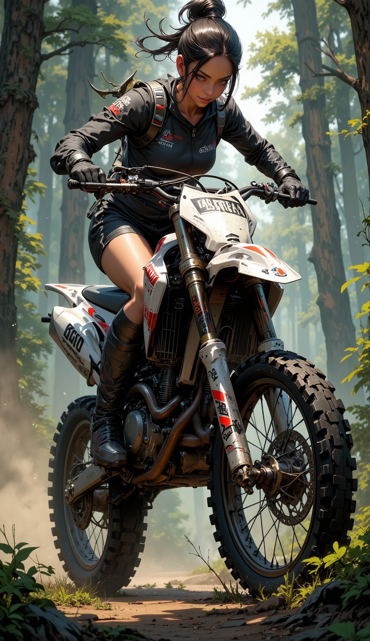 (Dynamic shot, best shot), highest quality, High resolution, perfect anatomy, intricate detailed, 4k, 8k, absurdres, Detailed Background, (extremely detailed beautiful face:1.4, uncompromising), perfect anatomy, (perfect detailed fingers), ((Beautiful and perfect body)), beautiful, detailed Skin, (Highly detailed face:1.4), (Real:1.37), ((dazzling)), ((Sweaty, big simile)), (((A big off-road motorcycle on the screen:1.4, perfect drawing of motorcycle:1.1, perfect composition))), (((big off-road motorcycle, Yamaha motocross:1.1 ))), Young beautiful woman is riding off-road motorcycle, (motocross wear:1.4), (high updo), (riding gloves, Riding Shorts:1.3), (outstanding figure, athlete body), Beautiful location, In a secluded forest, (((Doing wheelie with Yamaha motocross machine , wheelie, ultra detailed, perfect drawing))), Perfect CG.