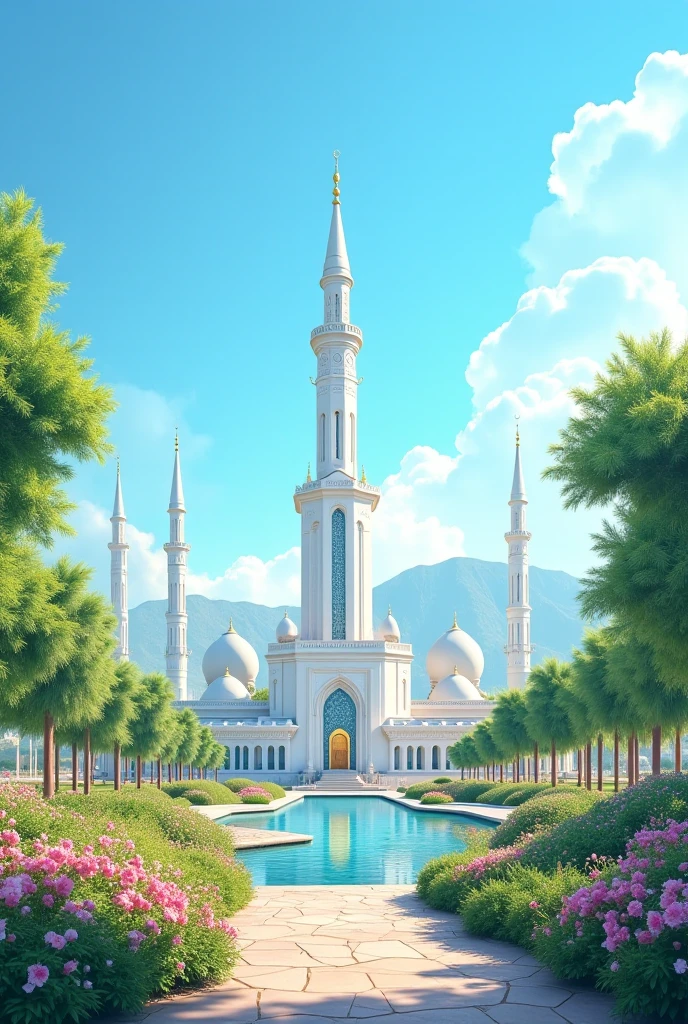 golden mosque in the middle of green grasslands vector style, manga style,