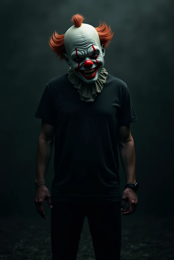 Shirtless clown black shorts spiky hair 
