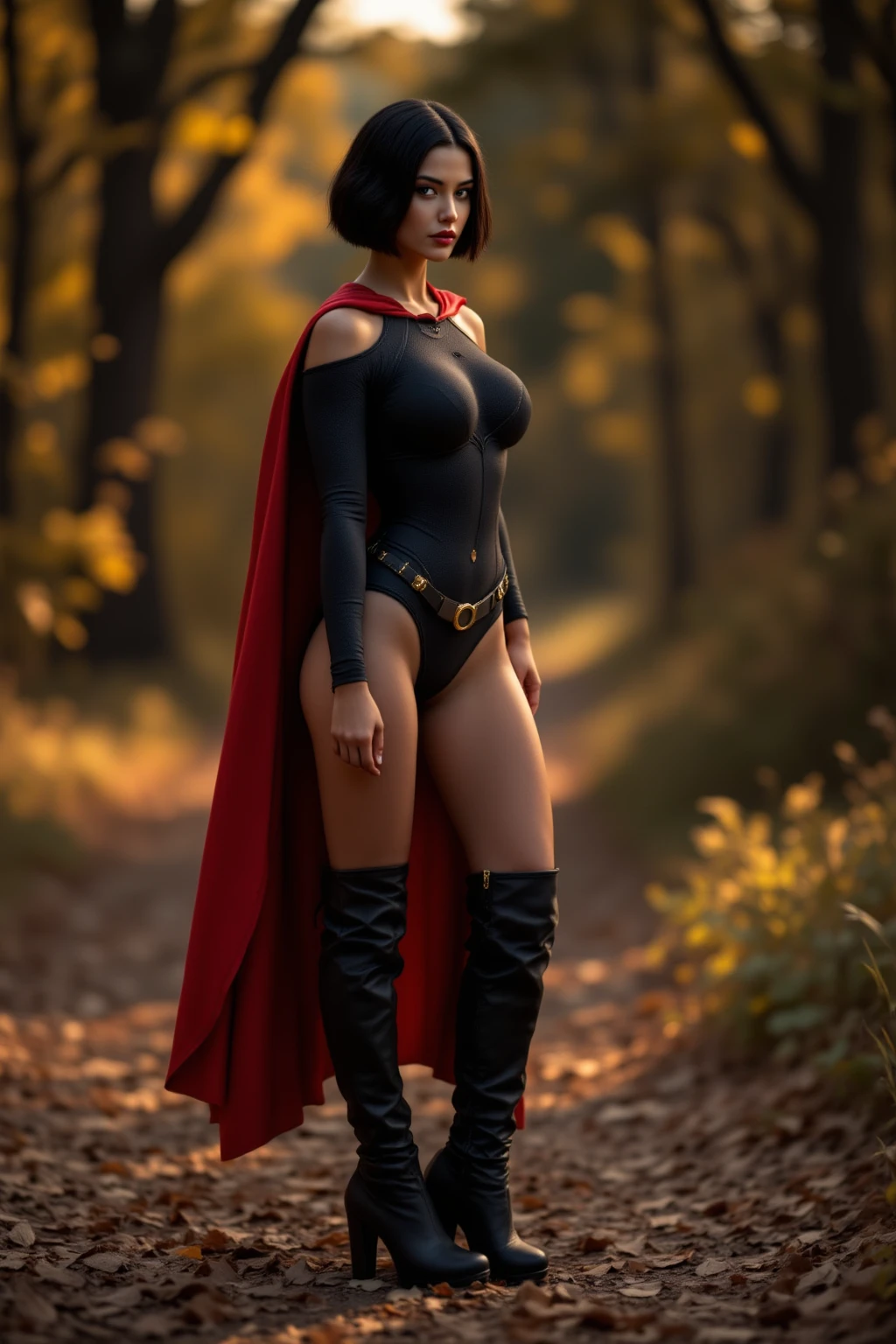 23 years old American woman, ((full body)), ((nude)), beautiful chest, standing in the deep woods, with her legs spread apart, long black boots, long deep red cape, blue sky, zoom in from front below