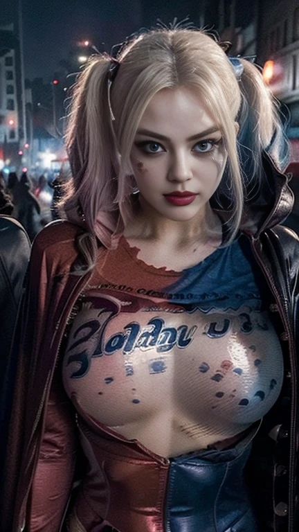 Margot Robbie as Harley Quinn wearing a skimpy transparent see-through Harley Quinn outfit, beautiful girl, nsfw, thick thighs, busty, cleavage, not safe for work, nipples, perfect vagina, trimmed pussy hair, thick pubic hair, dark inspired makeup, able to see nipples & pussy through clothing, war zone background, oiled, daylight, twin tails hair