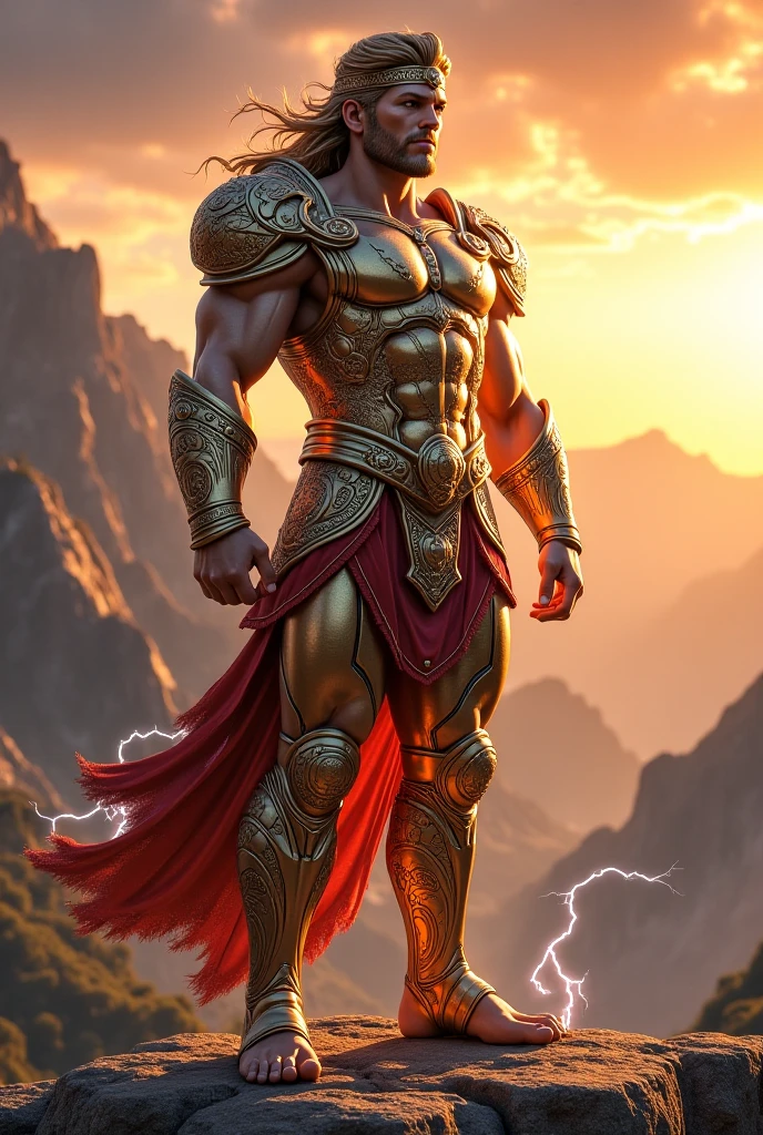 Greek god Ares, powerful and fierce, muscular build and intense gaze, dark and short hair, clean shaven, adorned in bronze armor reflecting his martial prowess, wielding a spear and shield, standing on a battlefield, showcasing his dominance and battlefield prowess, intricate, elegant, highly detailed, digital painting, art by artgerm and artstation, masterpiece, one person only, extremely detailed, human skin, alive, detailed background, full body, best quality, light skin, light skinned