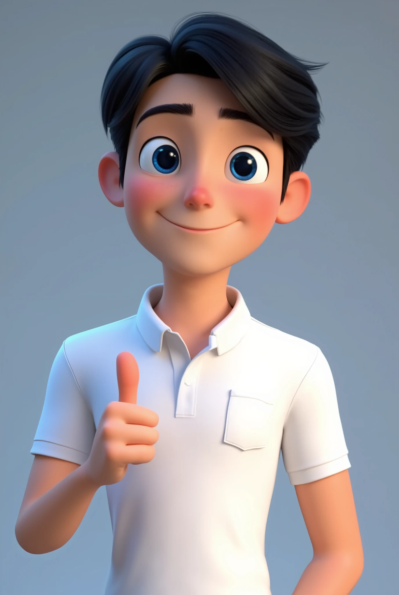 A man of approximately 18 years old, with a medium bust body, white skin and straight black hair, blue eyes, dressed in a white polo collar with a pocket without details on the chest, making a thumbs up, Pixar style, 8k image