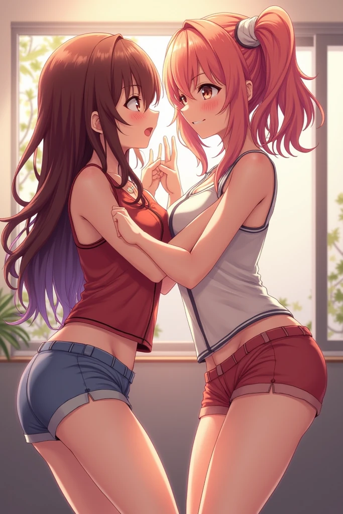 masterpiece, best quality, (2 girls:1.5), nice hips, slut, slutty ????? clothes, medium breasts, smile, slut, young girl, bratty girl, wide hips, (white crop top), (white shorts), midriff, hip sway, slutty dancing, (nightclub), neon lights, (nightclub:1.5), neon lights, detailed eyes, pink and white outfits, straight hair, different haircolors, blonde, brunette, (view from behind), ((ass shake)), ((motion lines)), slutty facial expression, (dancing), glancing over shoulder, smiling, hands over head, dancing, (twerking), low cut shorts, (buttcrack),