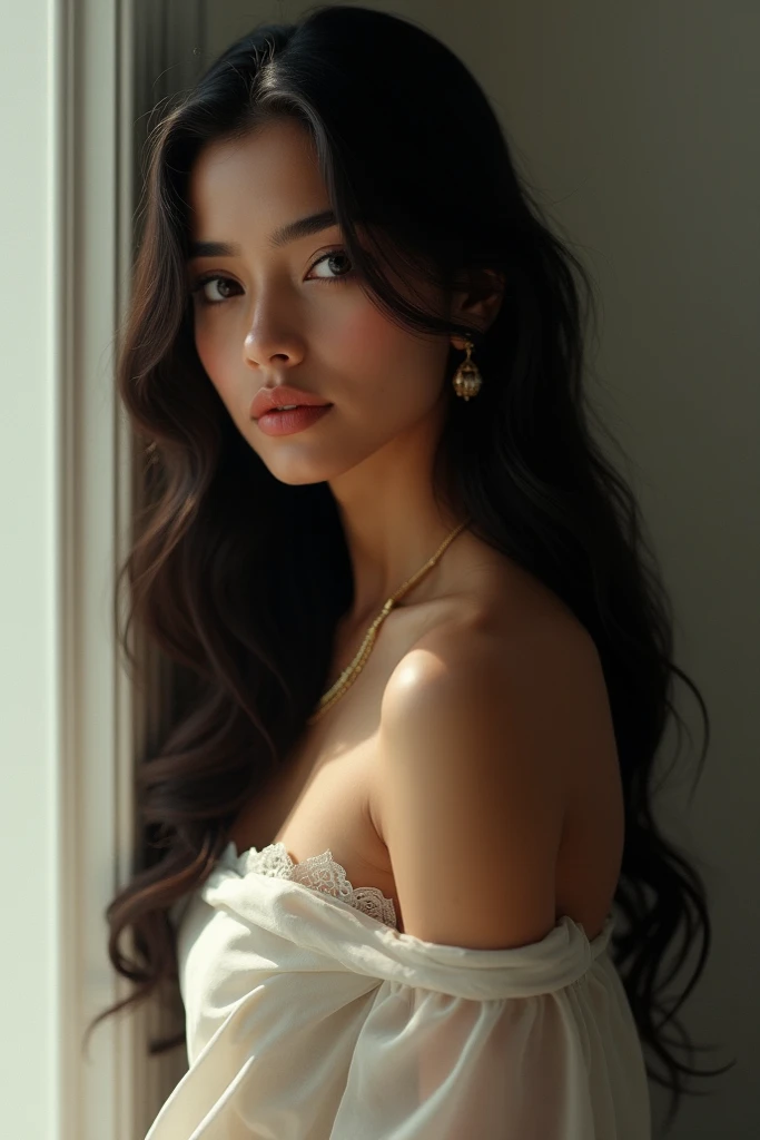 A 18 years old girl with long very dark hair, wearing a ((deep neckline white strapless top)) , ((full body)) ((medium breasts)) in a ((modern flat)). Warm and soft lighting.amazing photograph, intricate natural lighting, ((hyperdetailed))
