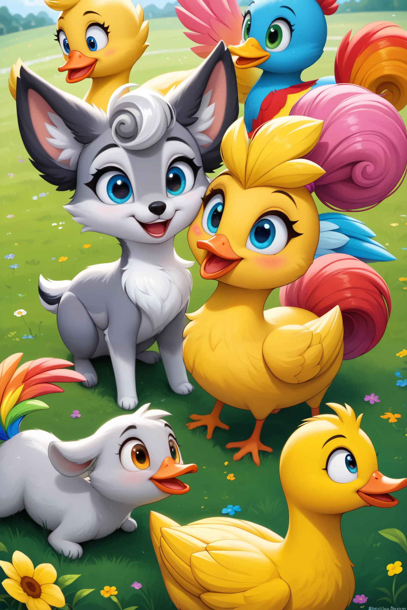 A playful kitten with soft, fluffy gray fur, bright curious eyes, and a cheerful smile, a joyful puppy with golden fur, floppy ears, and a wagging tail, and a fluffy yellow duckling with tiny orange feet and shiny feathers. They are gathered together in a sunny, colorful meadow filled with wildflowers, all looking excited and ready to start their adventure. The scene feels vibrant, warm, and full of friendship.
Size: 1024x1024