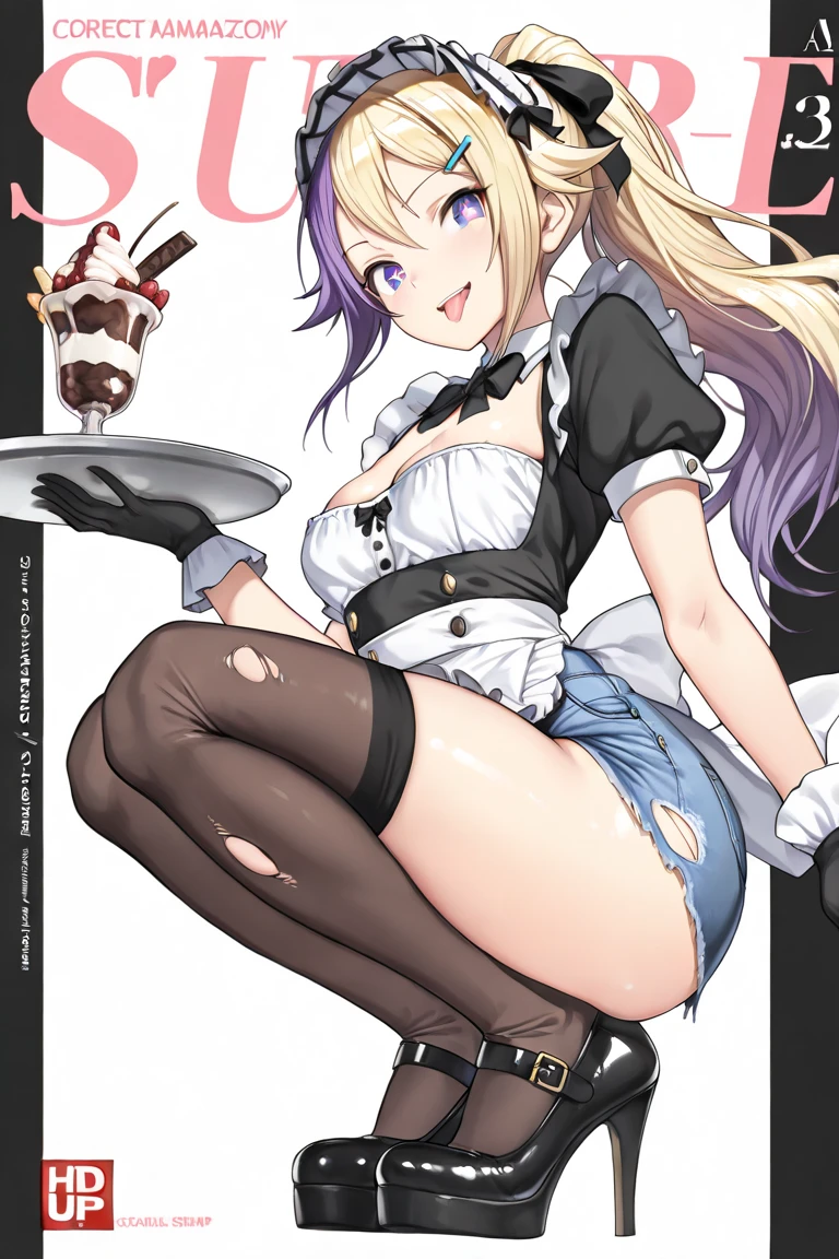 A feminine looking man, femboy, rainbow hair, disordered, hair over eyes, black painted lips, happy, Slim and feminine body., thick thighs, flat chest, her butt is very big, tanned skin, very small purple jacket, fitted white top, mini skirt, rainbow long stockings, heels, session, next to a window, a table, cake on the table, in a coffee shop, offering cake on a fork to the viewer, sunset, lus of the sun, Sun reflection, front view, Upper part 