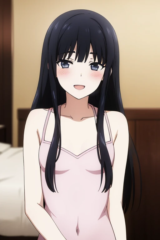 solo, 1girl, looking at viewer, , miyuki shiba, , , looking at viewer, smile,,,spoken heart,6yo,(petite),flat chest,grin,my room,socks,,open mouth,tongue,camisole,denim shorts