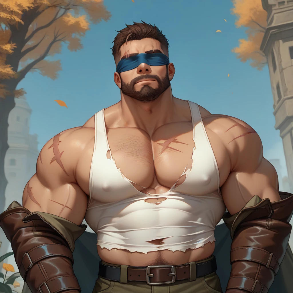 masterpiece, solo, tf2soldier, (redteam), topless, ((bara, muscular, muscles, pecs, nipples)), smoking a blunt, 1boy, portrait, detailed background, forest, front view, facing front, looking at viewer , <lora:tf2soldierlorav1:1>