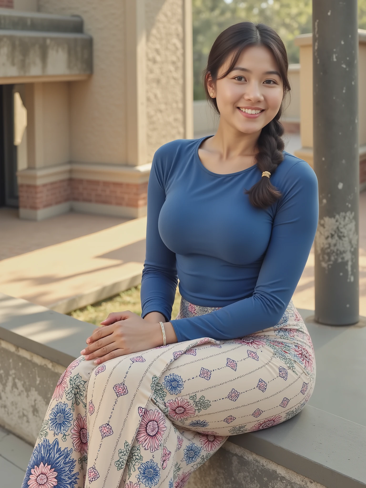 A hyper-realistic portrait of a stunning young woman with a radiant smile, sitting gracefully on a concrete ledge in an outdoor urban setting. She has flawless, smooth skin, deep brown eyes, and dark brown hair styled in a neat side braid secured with a golden hair tie. She wears an ultra-fitting, long-sleeved blue top that perfectly contours her figure, highlighting her silhouette with soft, natural fabric tension. The top’s texture is smooth and slightly reflective, subtly catching the warm sunlight. She pairs it with an elegant, high-waisted floral-patterned skirt, flowing naturally with intricate pink, blue, and green flowers against a soft cream background. Her hands rest gently on her lap, adorned with a delicate silver bracelet. The modern architectural backdrop consists of warm-toned brick and concrete elements, softened by the presence of greenery. Sunlight filters through tree branches, casting dynamic light and shadow patterns. The depth of field is shallow, focusing sharply on the woman while subtly blurring the background. Captured with a Sony A7R V, 85mm f/1.4 G Master lens, ultra-realistic lighting, cinematic composition, 8K resolution, perfect color balance, photorealistic detail.
Big breasts, rounded breasts, beautiful breasts, realistic breasts texture, perfect breasts shape, tight top, fitting top, fat tone, detailed skirt pattern design, realistic dress skin, small belly fat, small fat on belly, rounded hips, small waist, perfect body, detailed eyes, lips, nose, ears and hair texture,