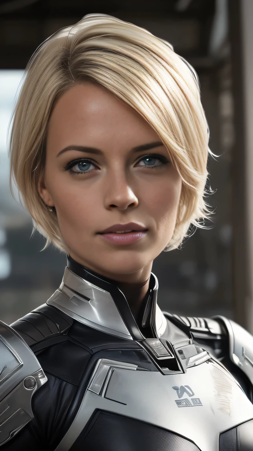 photo of Aliy Eve, RAW, beautiful woman, ((portrait)), ((detailed face:1.2)), (clear skin, glossy lips, clear skin), (very short hair, short hair with fringe, messy wind swept streaked blonde hair, platinum-blonde hair: 1.55), (perfect proportioned body, Strong, muscular, narrow waist, narrow hips, skinny, medium breasts), ((wearing futuristic mass effect armor), (realistic photo, best quality, detailed), (8k wallpaper), (bright cinematic lighting, lens flares, beautiful light, (noon:1.3)) (sharp focus, intricate)