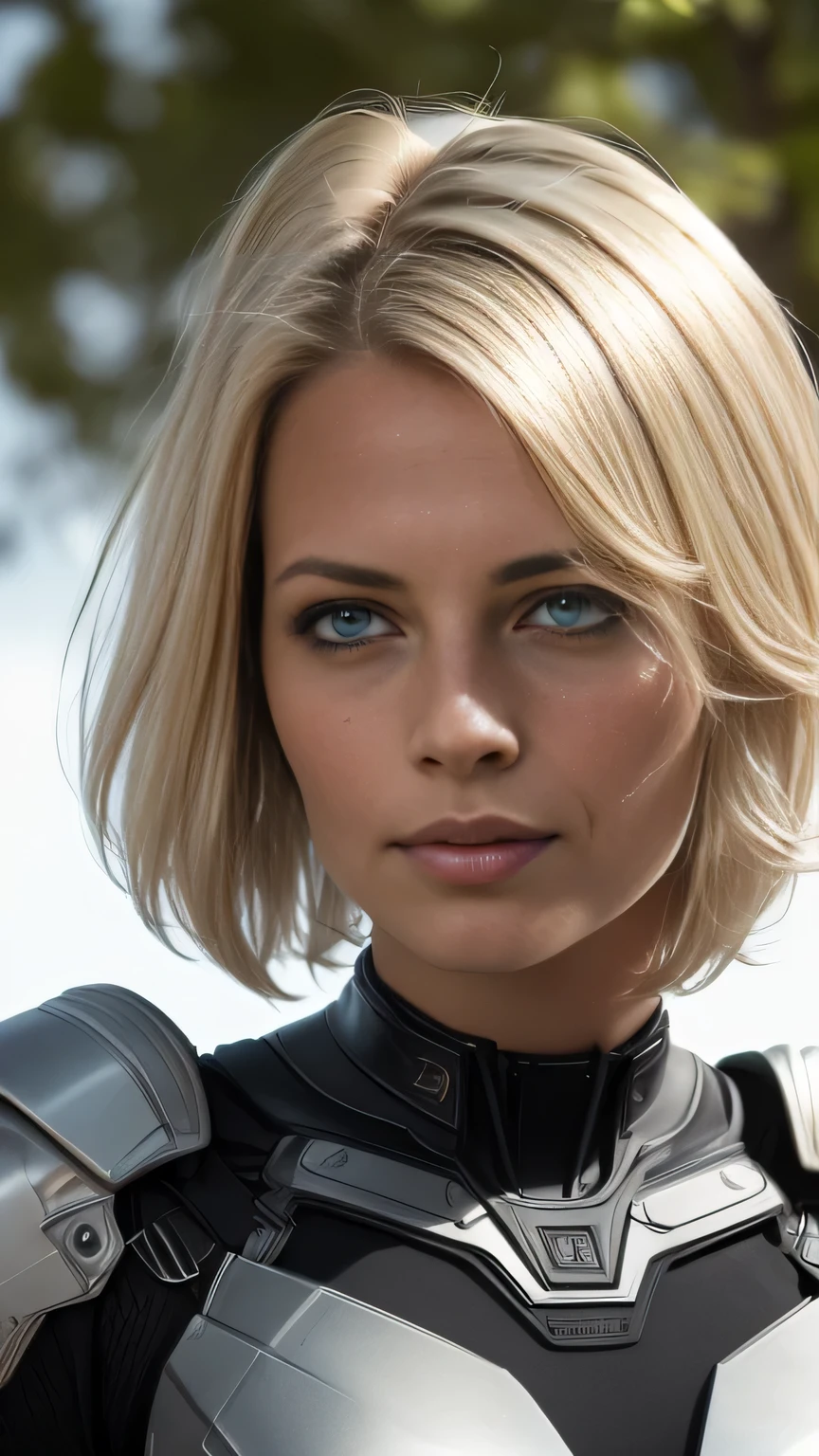 photo of Aliy Eve, RAW, beautiful woman, ((portrait)), ((detailed face:1.2)), (clear skin, glossy lips, clear skin), (very short hair, short hair with fringe, messy wind swept streaked blonde hair, platinum-blonde hair: 1.55), (perfect proportioned body, Strong, muscular, narrow waist, narrow hips, skinny, medium breasts), ((wearing futuristic mass effect armor), (realistic photo, best quality, detailed), (8k wallpaper), (bright cinematic lighting, lens flares, beautiful light, (noon:1.3)) (sharp focus, intricate)