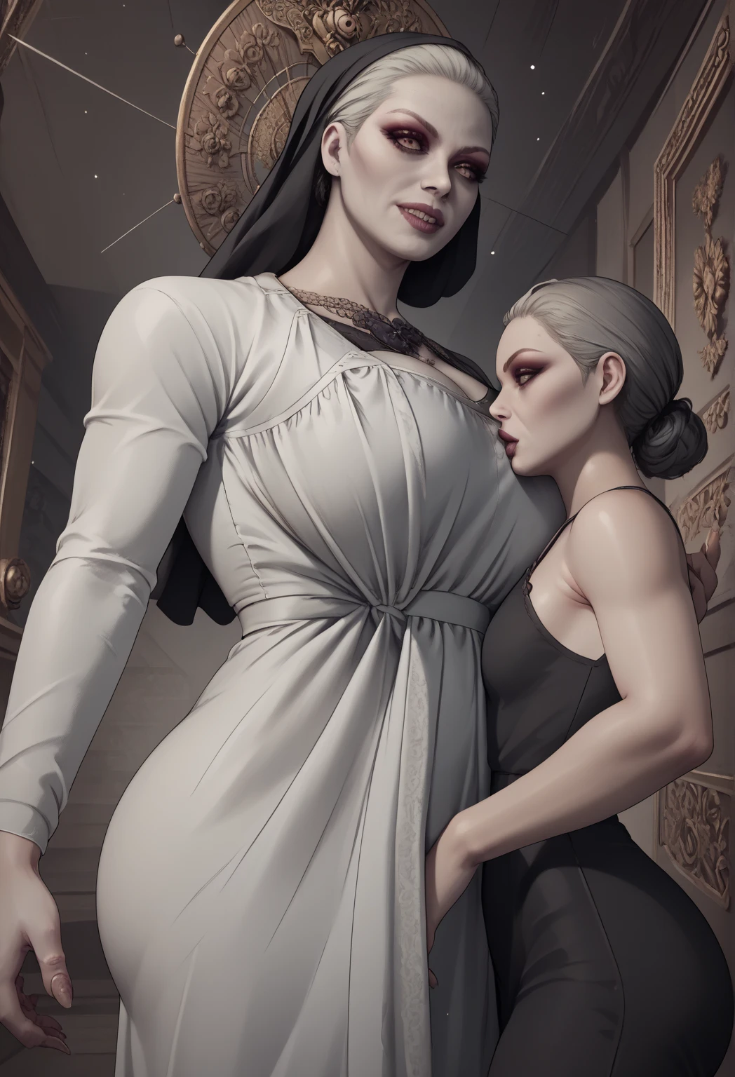 UHD 8k, HDR+, Copyright Disney Disney Villains Snow White and the Seven Dwarfs Character Evil Queen Artist Bunbunmuffinart General 1 girls big breasts breasts naked breasts outside naked breasts female female focus female only Brunette light skin light skinned woman looking at viewer mature woman milf stepmom nipples, brunette with necklace, Large piercing eyes, huge earrings, Giant earrings, gold bracelets on her hands, her long jet black hair flows over her shoulders, black high heels, high heels, black gothic dress, detailed background, realistic, 1 girl, lonely girl, 20 year old girl, ultra realistic face, hyperrealistic, hyper-detailed, (I look at the audience), sharpen, Detailed face, detailed eyes, detailed lips, Red lips, Beautiful face, 16 thousand., Full HD, RAW photo, cute face mesh, beautiful face mesh, 8k portrait shot