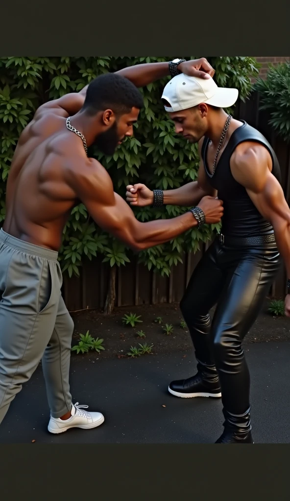 Young muscular white man leggings bulg fights against muscular black man in castle courtyard
