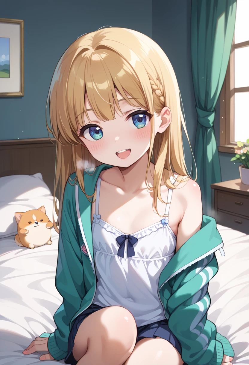 ((top quality)), ((masterpiece)), (be familiar with), perfect face, indoors, bedroom, watching viewers,
One woman, Shiba Miyuki,
open mouth, steam clouds drift, blush, smile,
 small tits, flat chest, Young girl,  lori,  ,  girl,
long hair, long hair,
 open,