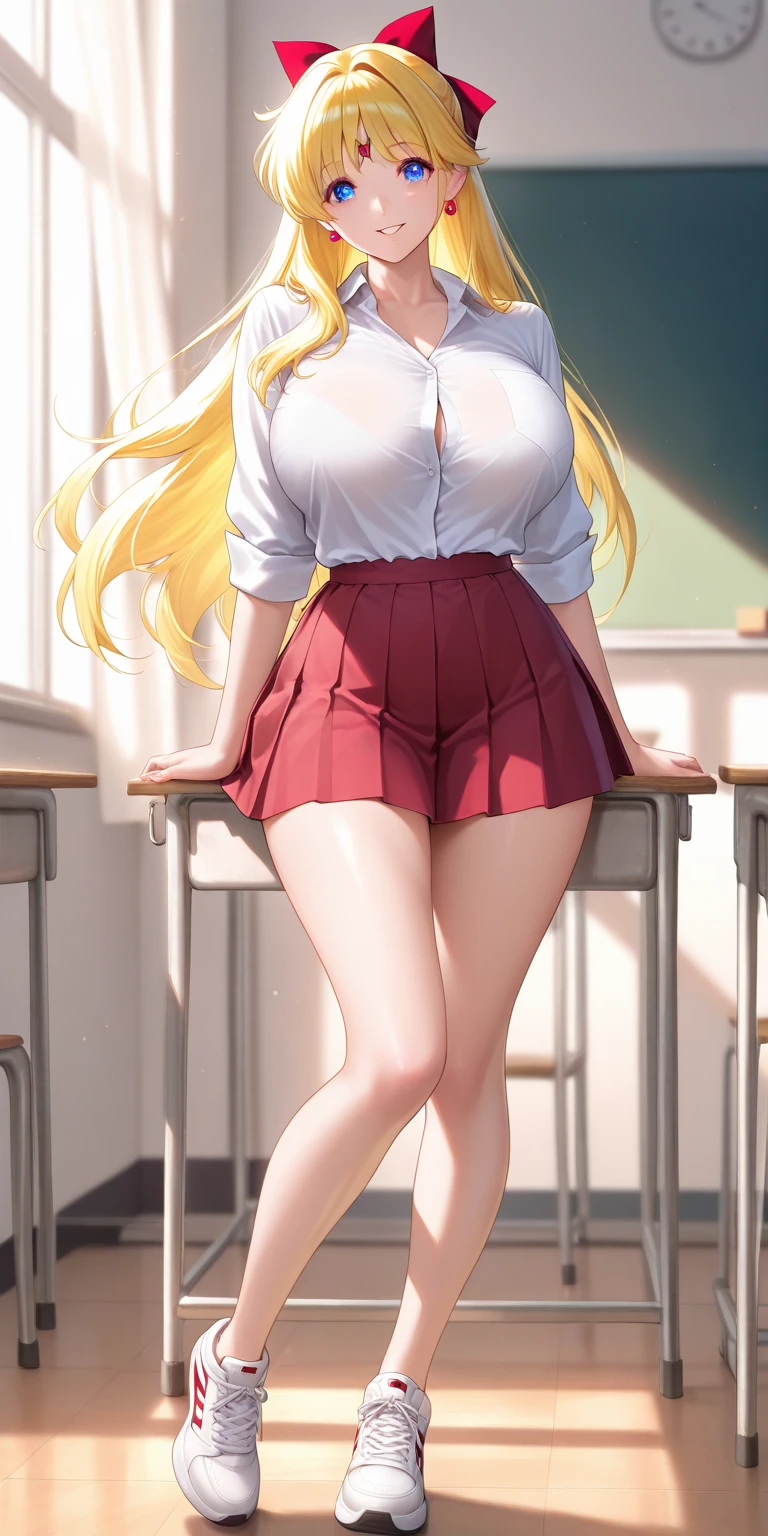 Extremely detailed face, an extremely delicate and beautiful girl, extremely detailed eyes and face, high gloss, beautiful delicate eyes, defined "real" light source, golden hour, female, light smile, looking at the audience, shyness, casual hairstyle, casual posture, stockings, casual clothes, detailed background, classroom, big breasted beauty, full body shot