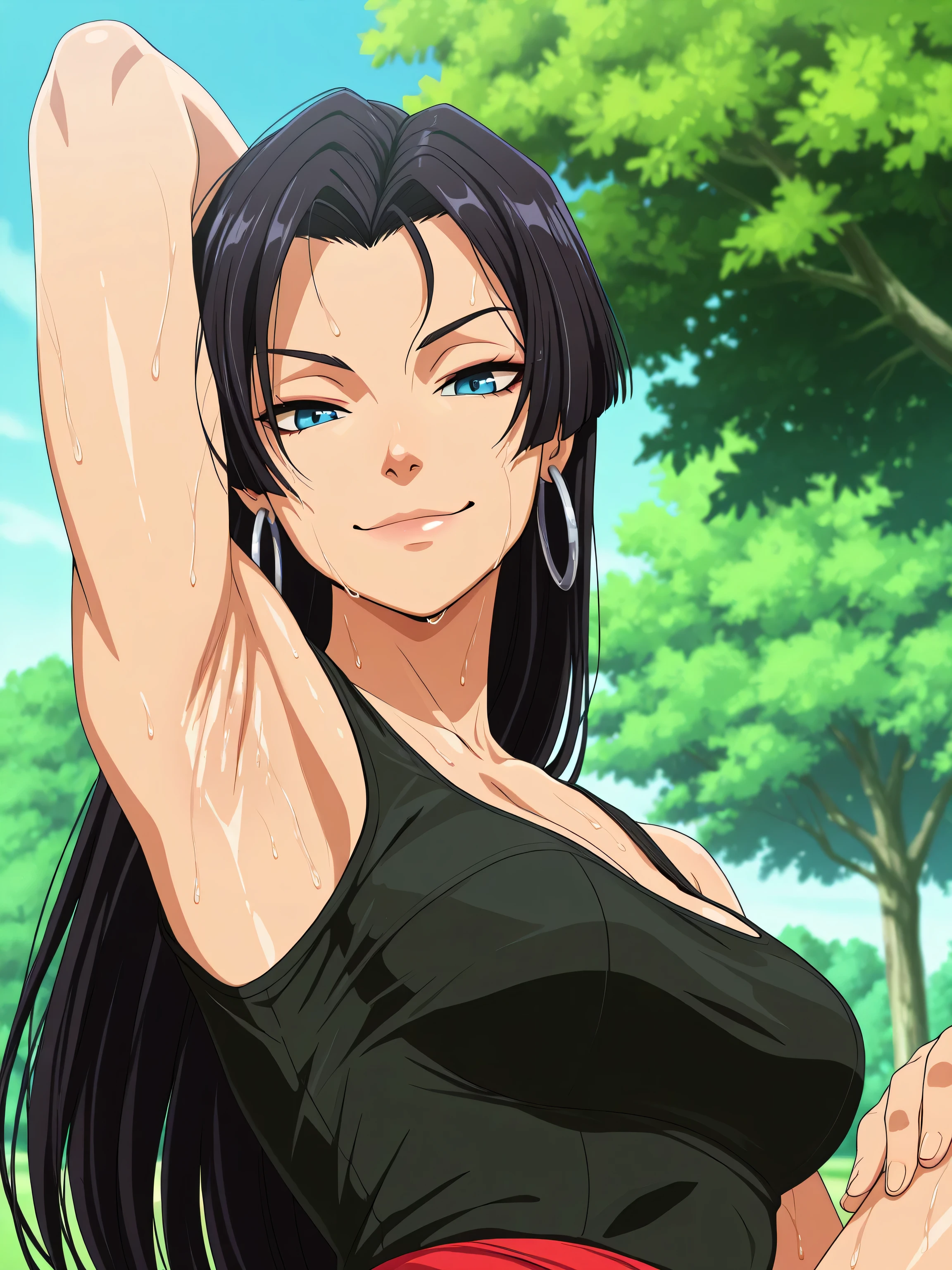 masterpiece, best quality, amazing quality, anime screencap, anime coloring, 1girl, solo, psylocke_vengeance, blue eyes, black hair, straight hair, long hair, hoop earrings, jewelry, black tank top, arm behind head, armpit, head towards viewer, looking at viewer, smile, smug, front light, outdoors, day, park, bare shoulders, bare arms, sweaty, (cleavage:0.8), from side, from below, on viewer's lap, armpit into viewer's face, armpit focus