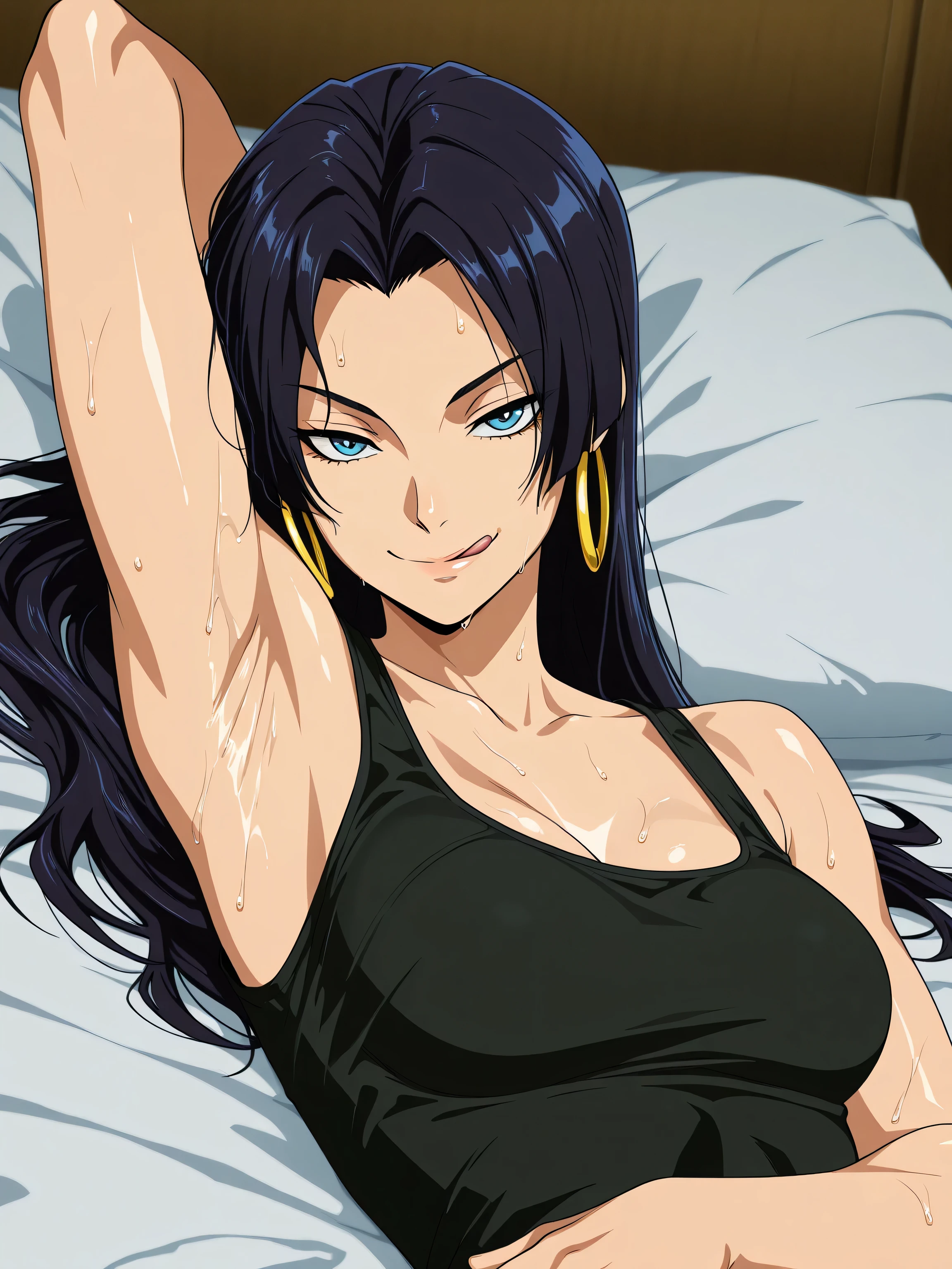 masterpiece, best quality, amazing quality, anime screencap, anime coloring, 1girl, solo, psylocke_vengeance, blue eyes, black hair, straight hair, long hair, hoop earrings, jewelry, black tank top, arm behind head, armpit, head towards viewer, looking at viewer, smile, smug, front light, bare shoulders, bare arms, sweaty, (cleavage:0.8), lying in bed, licking lips