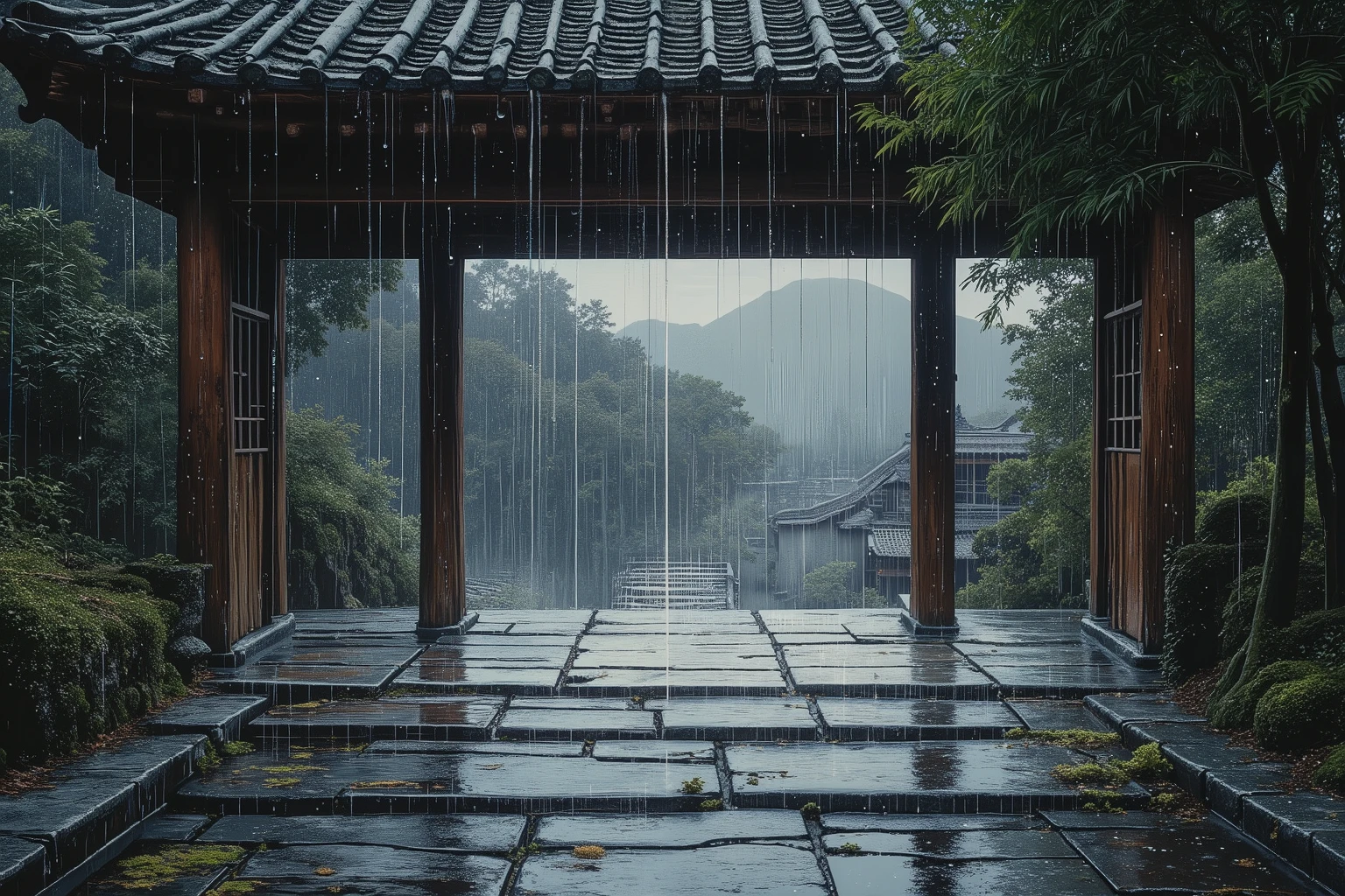 It's a work of art with stunning detail: strings of raindrops slide down the curved tiles under an old wooden roof, creating a crystalline trail in the air. The moist bluestone floor is a mirror, reflecting the silhouette of the eaves softened by the rain and mist, and the moment the raindrops fall, it stirs up layers of ripples, as if the ground is breathing. The backlight of the twilight gilds each drop with silver, and in the distance the low-hanging mountains of rain clouds loom ink-like blue-gray patches, and the moss mottled at the corners of the eaves glows with an emerald sheen in the dampness. The painting is dominated by gray and white, dark green and pearlescent colors, sometimes with brushstrokes like ink on rice paper, and sometimes interspersed with surrealist transparent rain curtains, which suddenly turn into floating silver dotted lines at a moment. The grainy texture of the film makes the stagnant water on the stone steps glow with nostalgic warmth, and the deliberately blurred depth of field turns the bamboo forest in the background into a hazy haze, except for a drop of water on the nearby bamboo leaf that clearly reflects the whole world upside down. There are no cartoonish brushstrokes or distorted figures, and they refuse to be glaring flat and overexposed. Elements such as modern architecture and neon lights have been completely erased, leaving only the wood grain and damp moss that have been eroded by time. There are no text watermarks or blurred out-of-focus areas, only the silence of the visual sound of rain flowing eternally in the frame