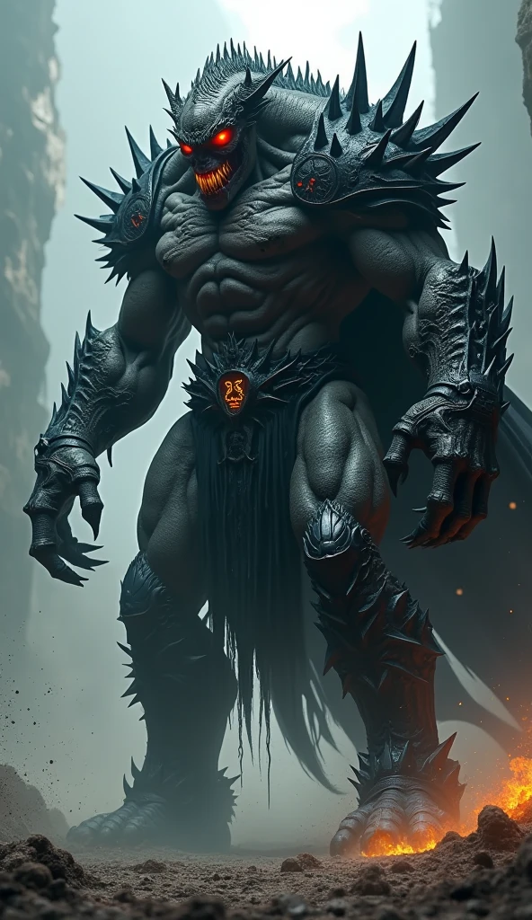 Create a backgroundless image with the phrase "YE", chrome and melting as title.
And put a strong and dark being, chained and with fiery red eyes.
And a warning from "danger do not open"
