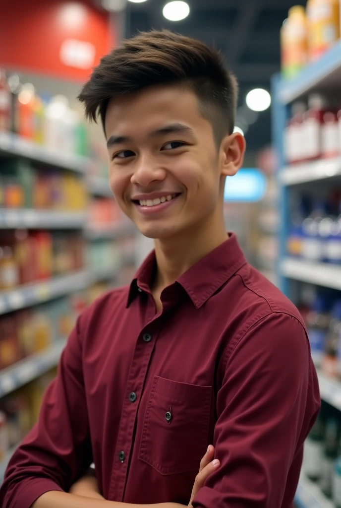 A boy of age 18 with small height sitting in grocery shop he is son of owner he is fat and skin is white